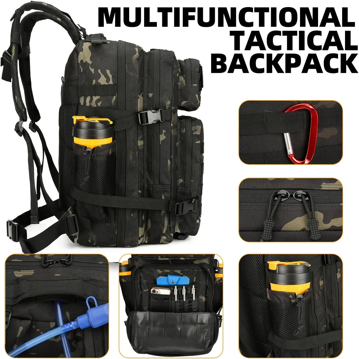 25L Tactical Backpack for Men Women Military Backpack Army Assault Pack Molle Backpack Small Bug Out Bag Travel Rucksack Daypack (Black CP)