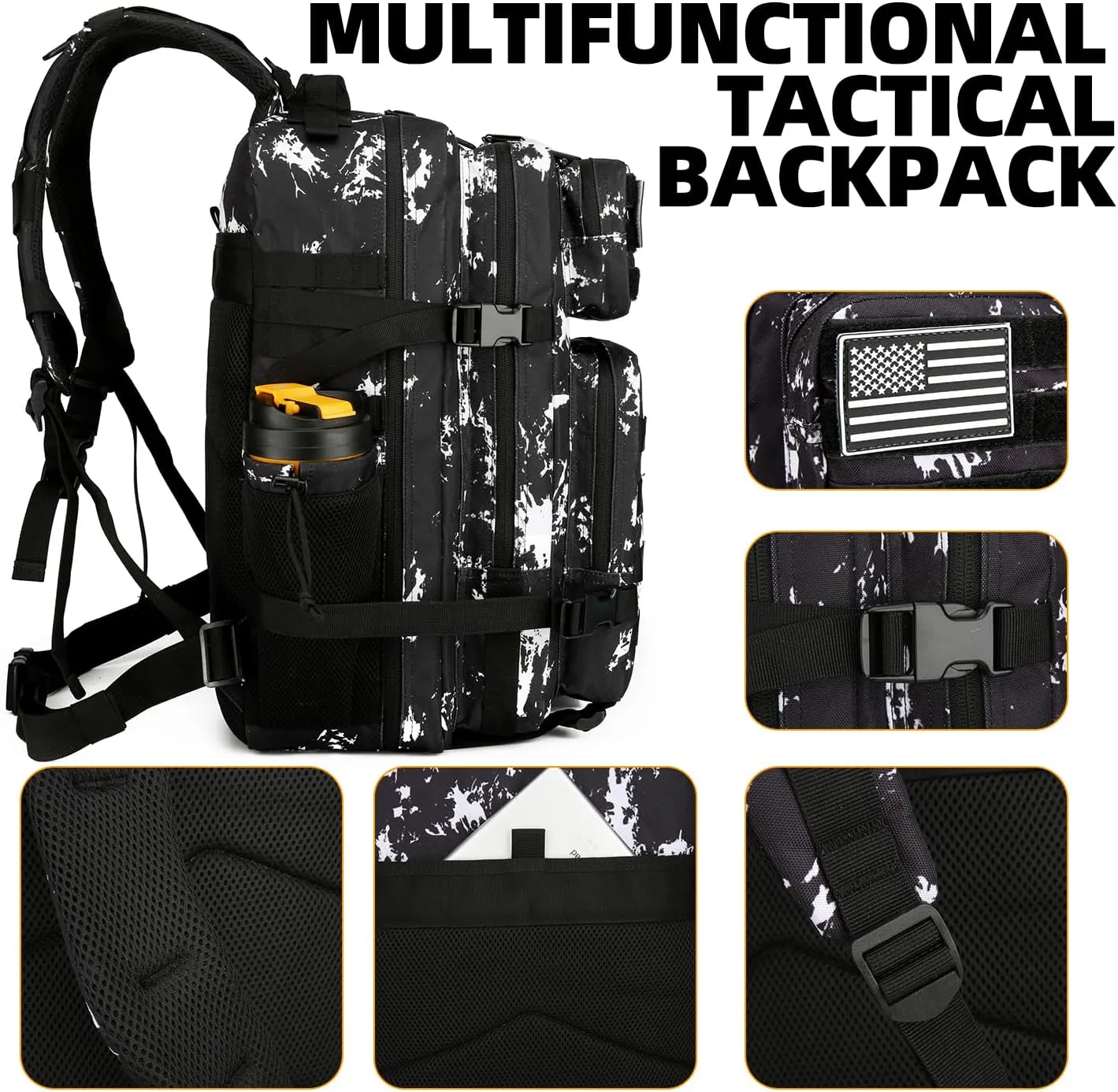 25L Tactical Backpack for Men Women Military Backpack Army Assault Pack Molle Backpack Small Bug Out Bag Travel Rucksack Daypack (Black Lightning)