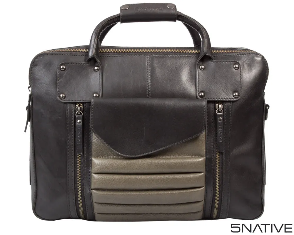 5NATIVE BLACK AND GREY EAST WEST LEATHER PORTFOLIO MESSENGER BAG