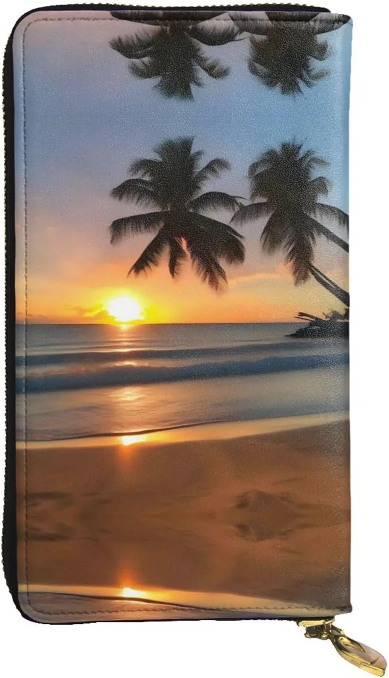 7.5 * 4.1 inch long clutch bag, Sunset beach leather wallet, zipper compartment large capacity, a good gift for friends,