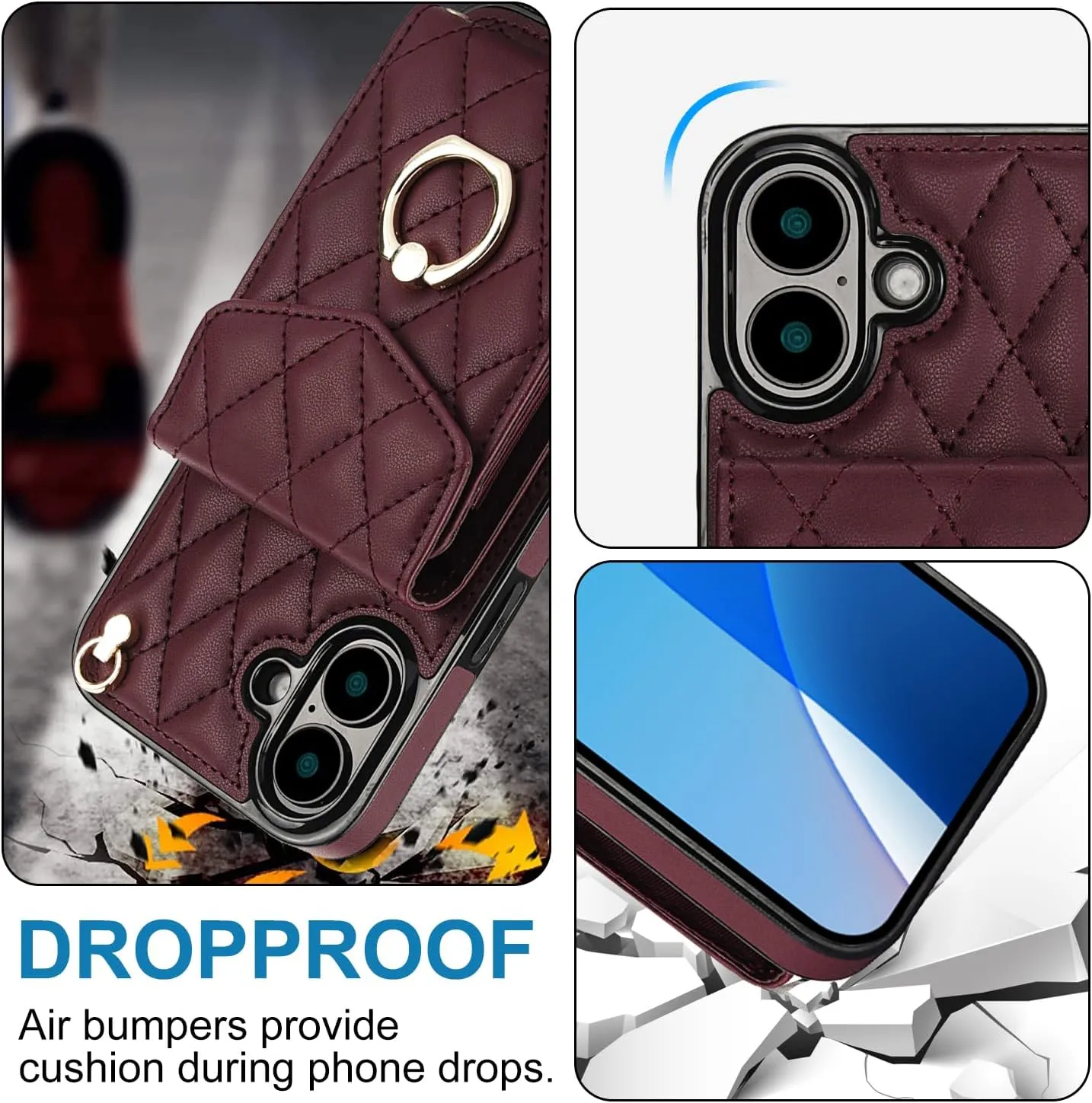 Asuwish Compatible with iPhone 16 6.1 inch Wallet Case Tempered Glass Screen Protector and Wrist Strap Ring RFID Blocking Card Holder Cell Phone Cover for i Phone16 i16 16Case Women Men Girls Wine Red