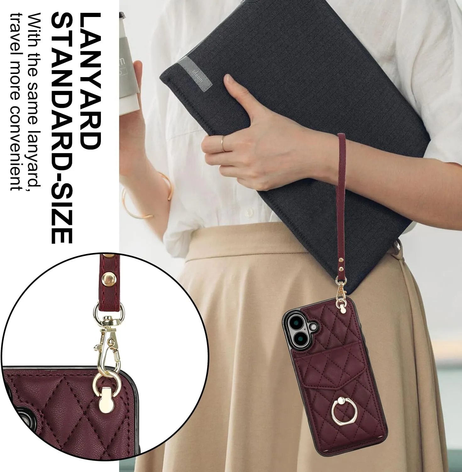 Asuwish Compatible with iPhone 16 6.1 inch Wallet Case Tempered Glass Screen Protector and Wrist Strap Ring RFID Blocking Card Holder Cell Phone Cover for i Phone16 i16 16Case Women Men Girls Wine Red