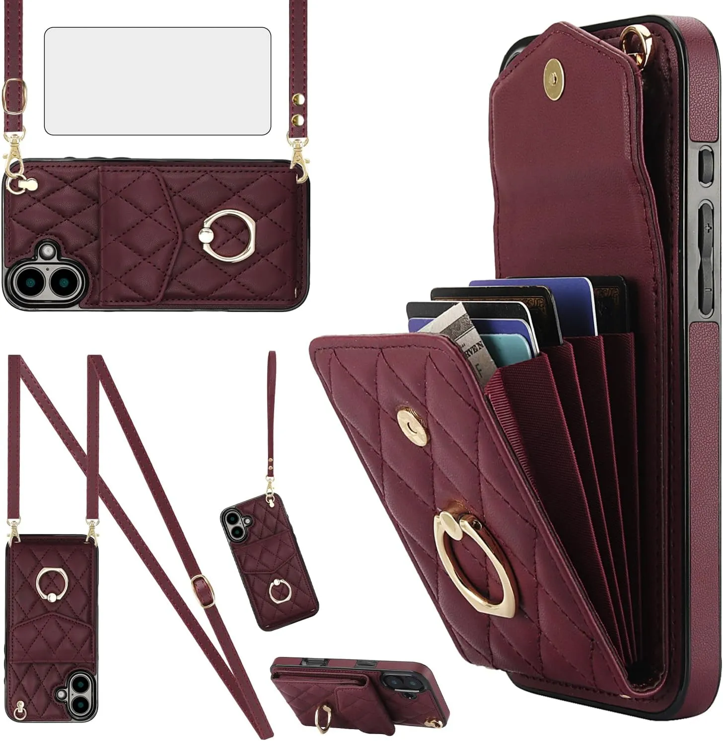 Asuwish Compatible with iPhone 16 6.1 inch Wallet Case Tempered Glass Screen Protector and Wrist Strap Ring RFID Blocking Card Holder Cell Phone Cover for i Phone16 i16 16Case Women Men Girls Wine Red