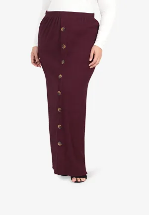 Bobby Ribbed Faux Button Long Skirt - Burgundy
