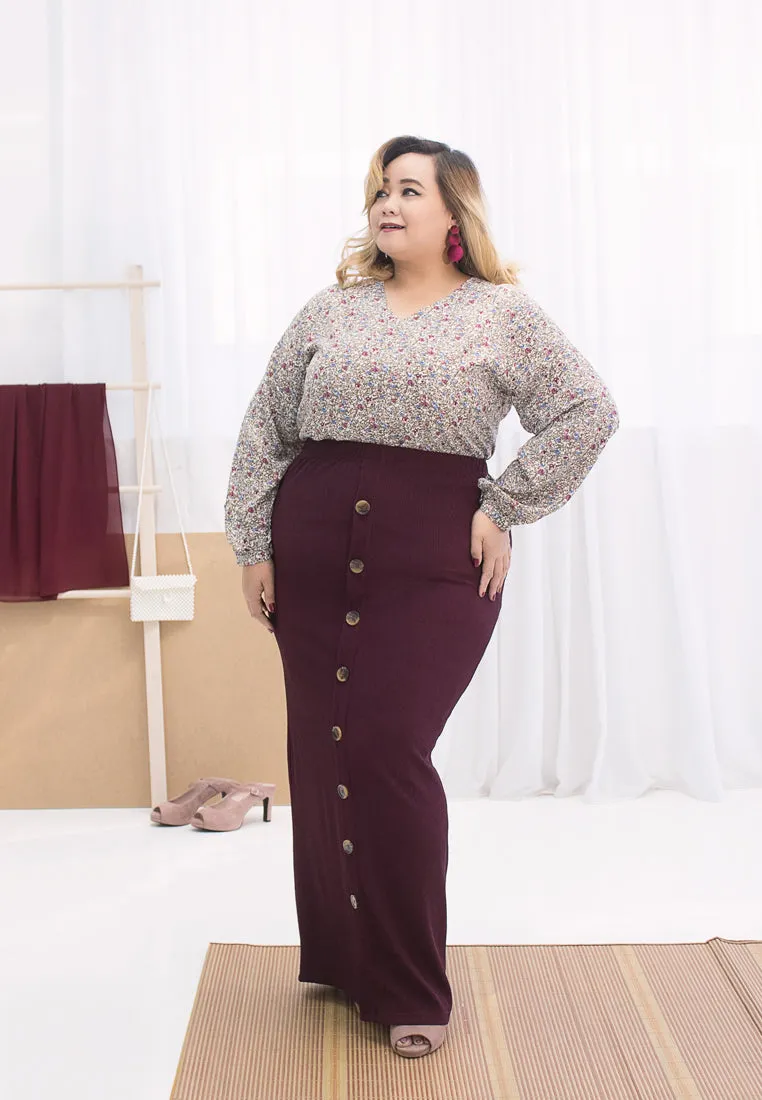 Bobby Ribbed Faux Button Long Skirt - Burgundy