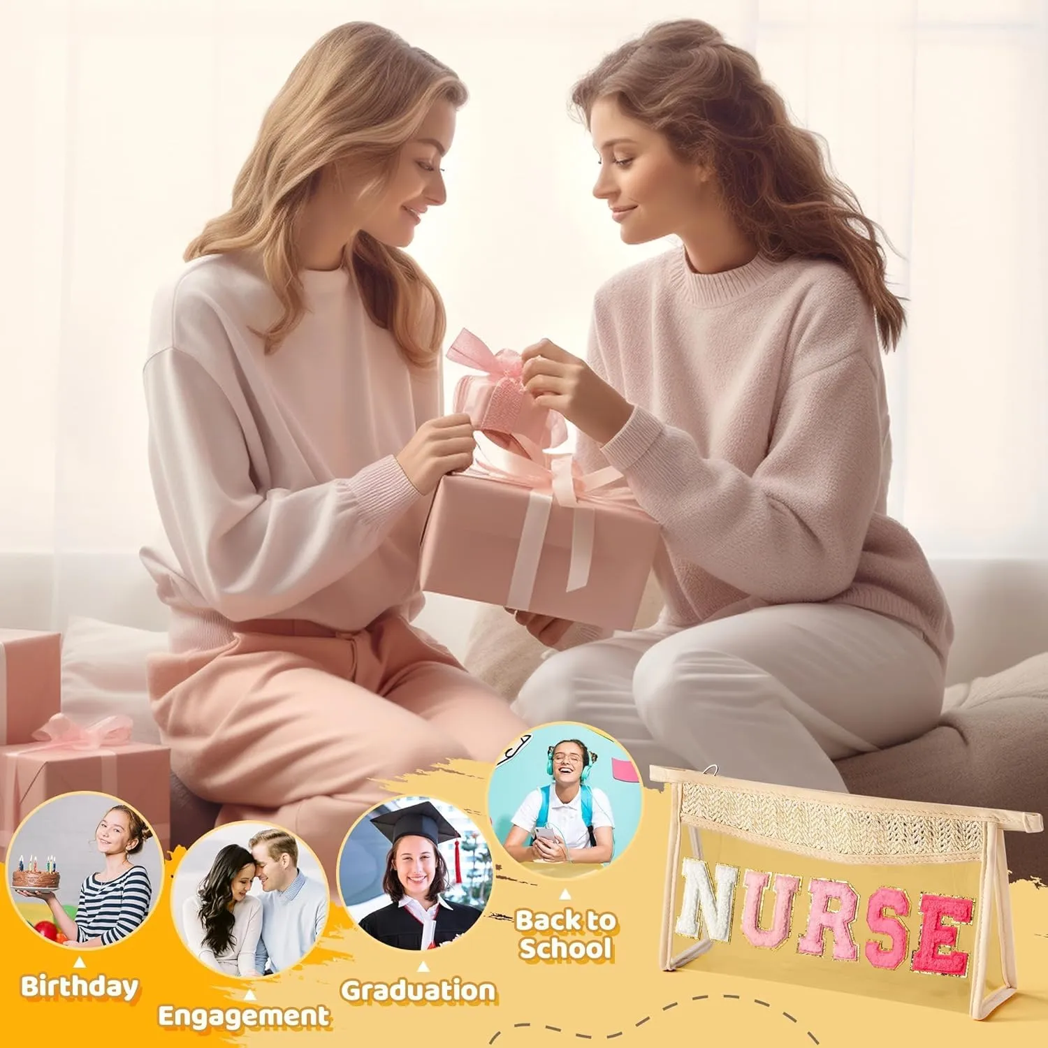 Boho Patch Cosmetic Bag - NURSE Rose Red Chenille Varsity Letter Clear Makeup Bag Aesthetic Waterproof Portable Woven Toiletry Kit Clutch Purse Travel Pouch Summer Gift for Women Girl