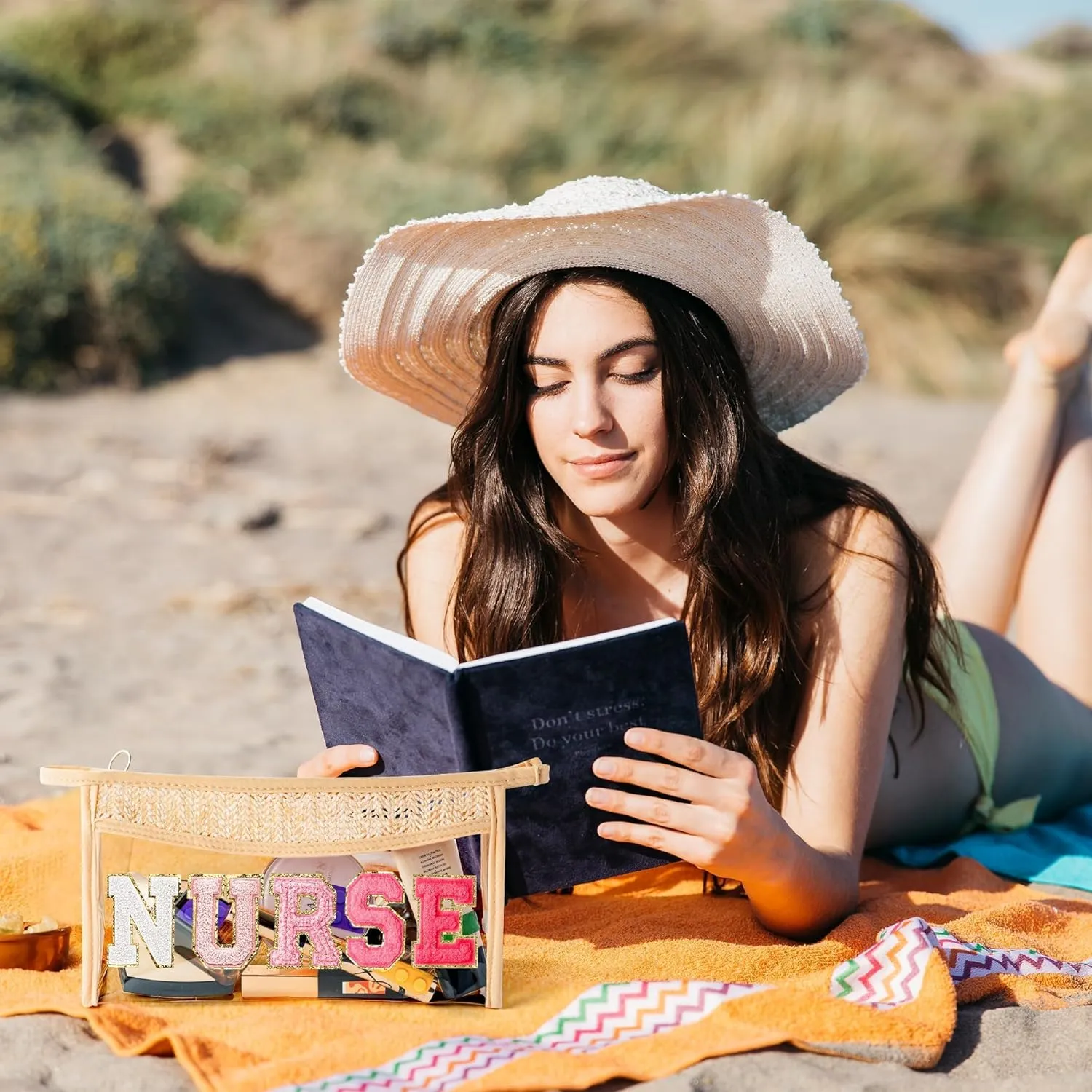 Boho Patch Cosmetic Bag - NURSE Rose Red Chenille Varsity Letter Clear Makeup Bag Aesthetic Waterproof Portable Woven Toiletry Kit Clutch Purse Travel Pouch Summer Gift for Women Girl