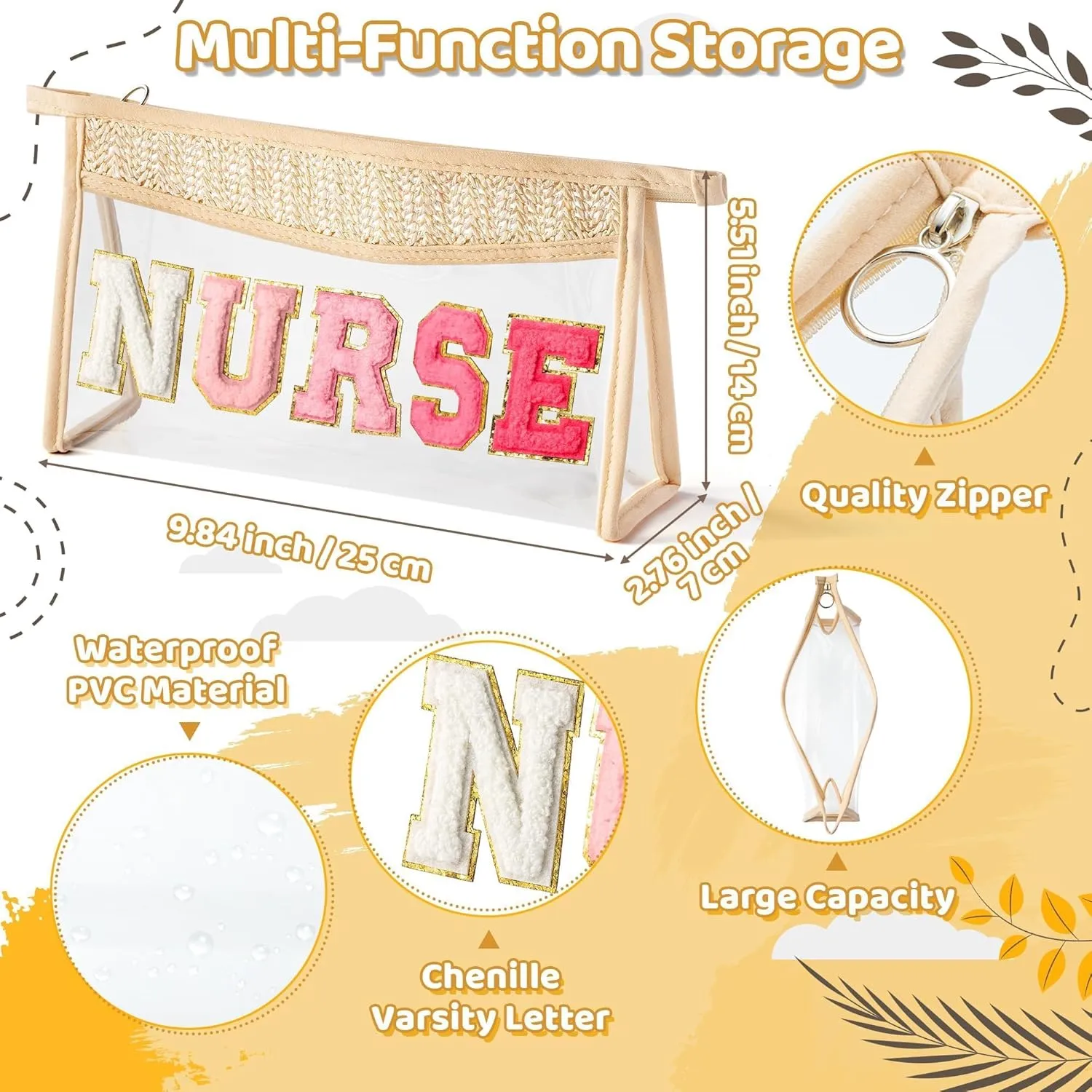 Boho Patch Cosmetic Bag - NURSE Rose Red Chenille Varsity Letter Clear Makeup Bag Aesthetic Waterproof Portable Woven Toiletry Kit Clutch Purse Travel Pouch Summer Gift for Women Girl