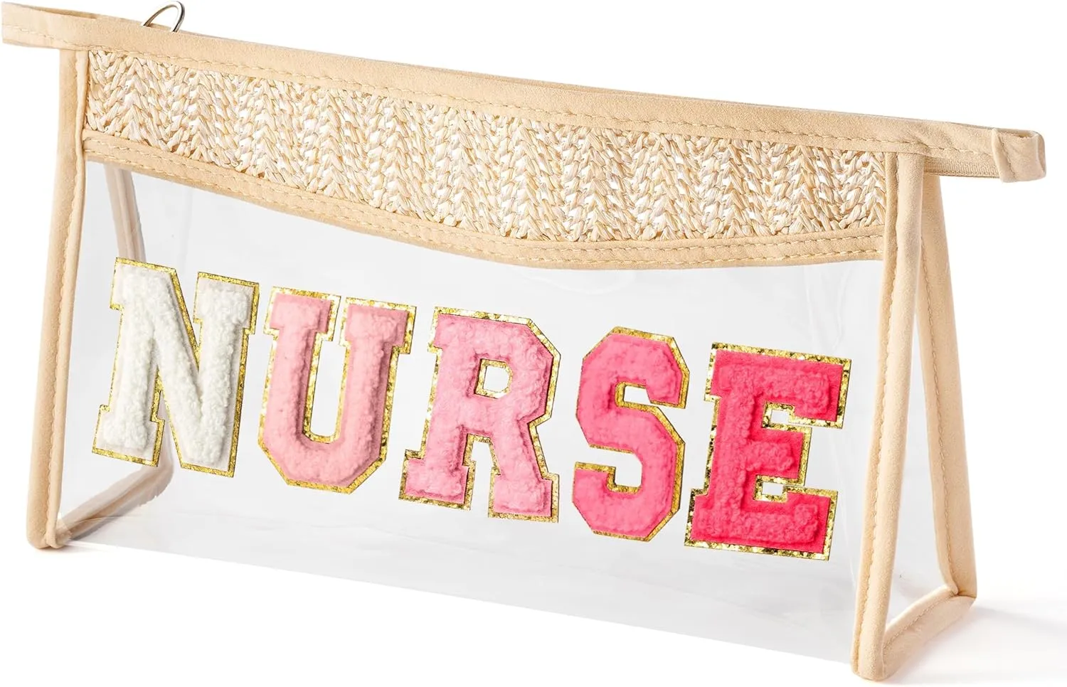 Boho Patch Cosmetic Bag - NURSE Rose Red Chenille Varsity Letter Clear Makeup Bag Aesthetic Waterproof Portable Woven Toiletry Kit Clutch Purse Travel Pouch Summer Gift for Women Girl