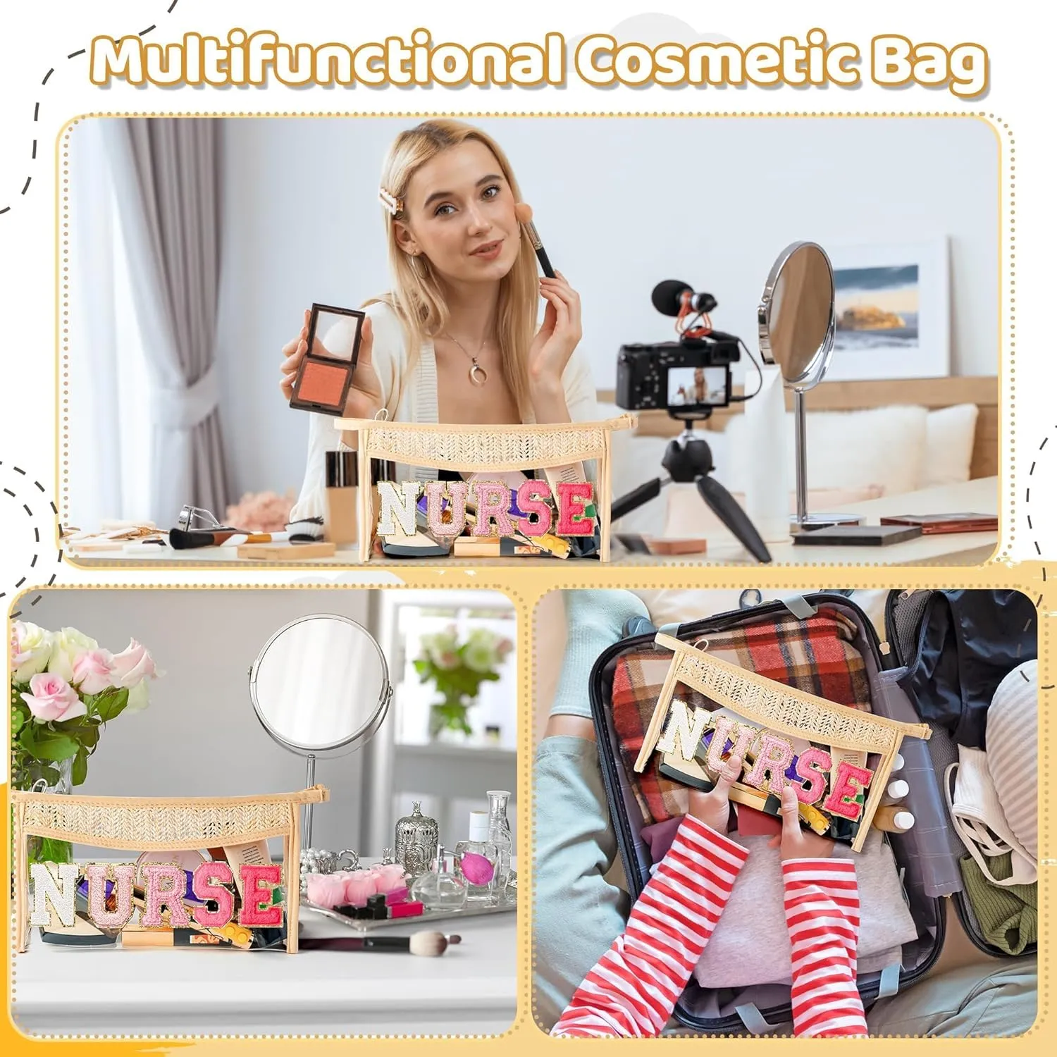 Boho Patch Cosmetic Bag - NURSE Rose Red Chenille Varsity Letter Clear Makeup Bag Aesthetic Waterproof Portable Woven Toiletry Kit Clutch Purse Travel Pouch Summer Gift for Women Girl