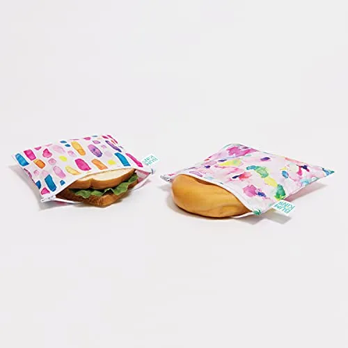 Bumkins Reusable Sandwich and Snack Bags, for Kids School Lunch and for Adults Portion, Washable Fabric, Waterproof Cloth Zip Bag, Travel Pouch, Food-Safe, Large 2-pk Watercolors and Brushstrokes
