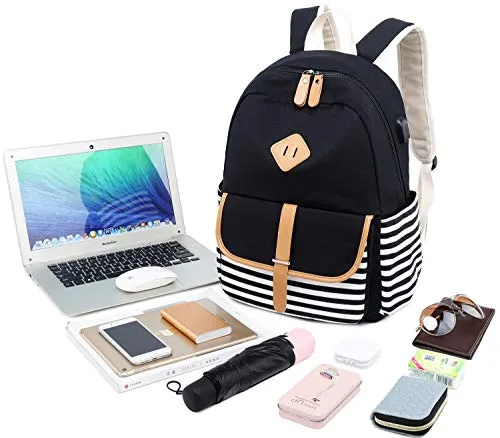 Canvas Travel Laptop Backpacks Womens College Backpack School Bag 15 inch USB Daypack Outdoor