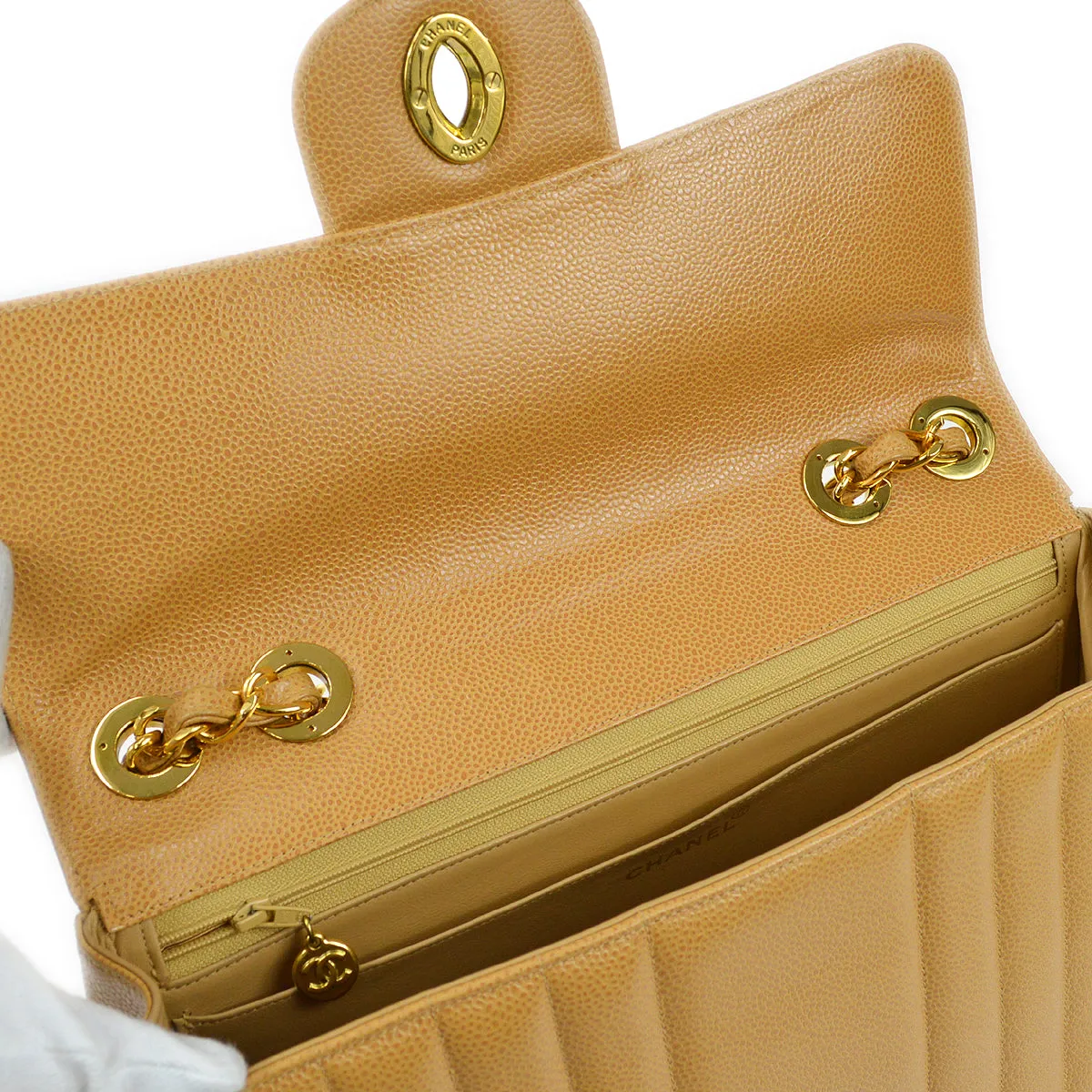 CHANEL 1991-1994 Big CC Vertical Stitch Classic Flap Jumbo Beige Caviar 87063