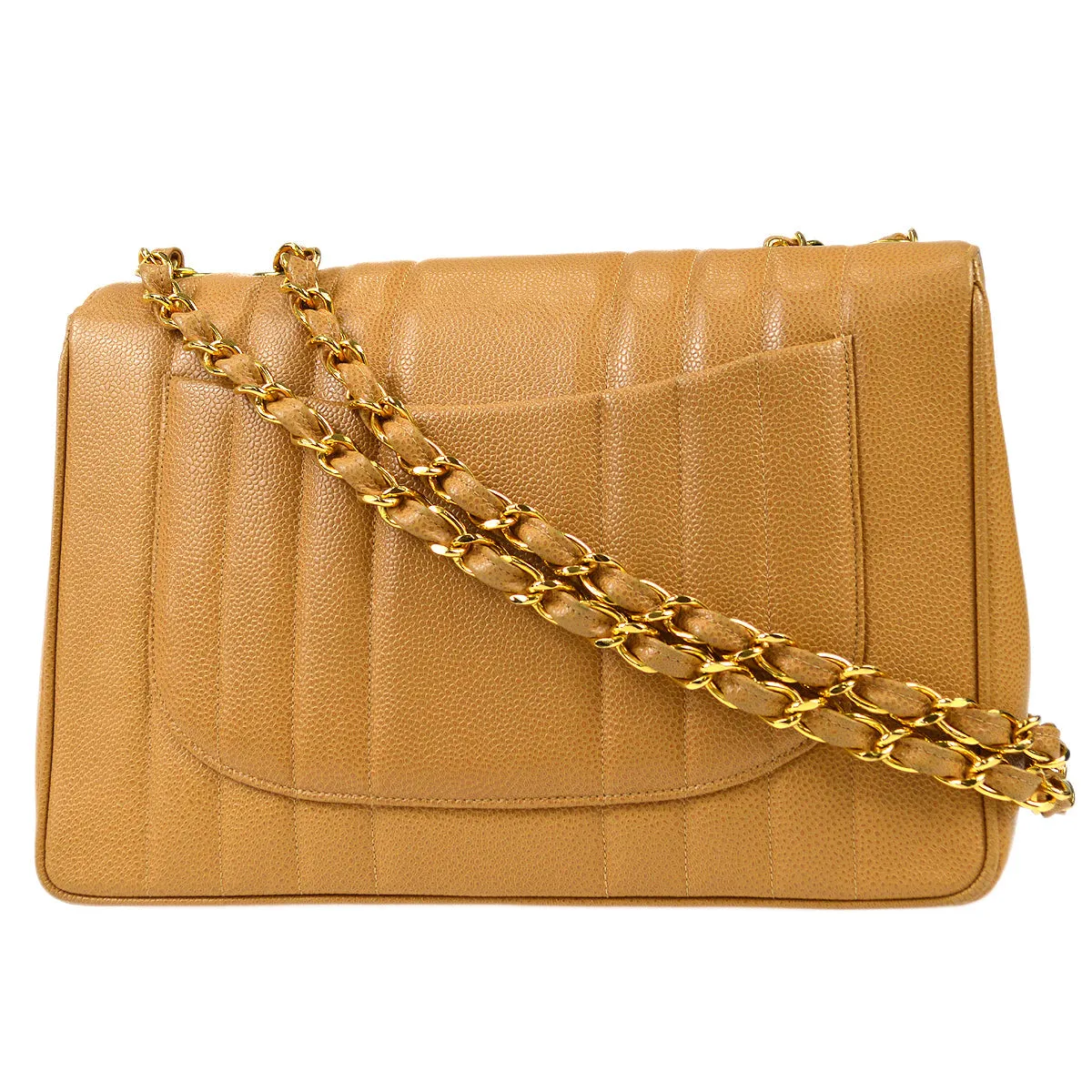 CHANEL 1991-1994 Big CC Vertical Stitch Classic Flap Jumbo Beige Caviar 87063