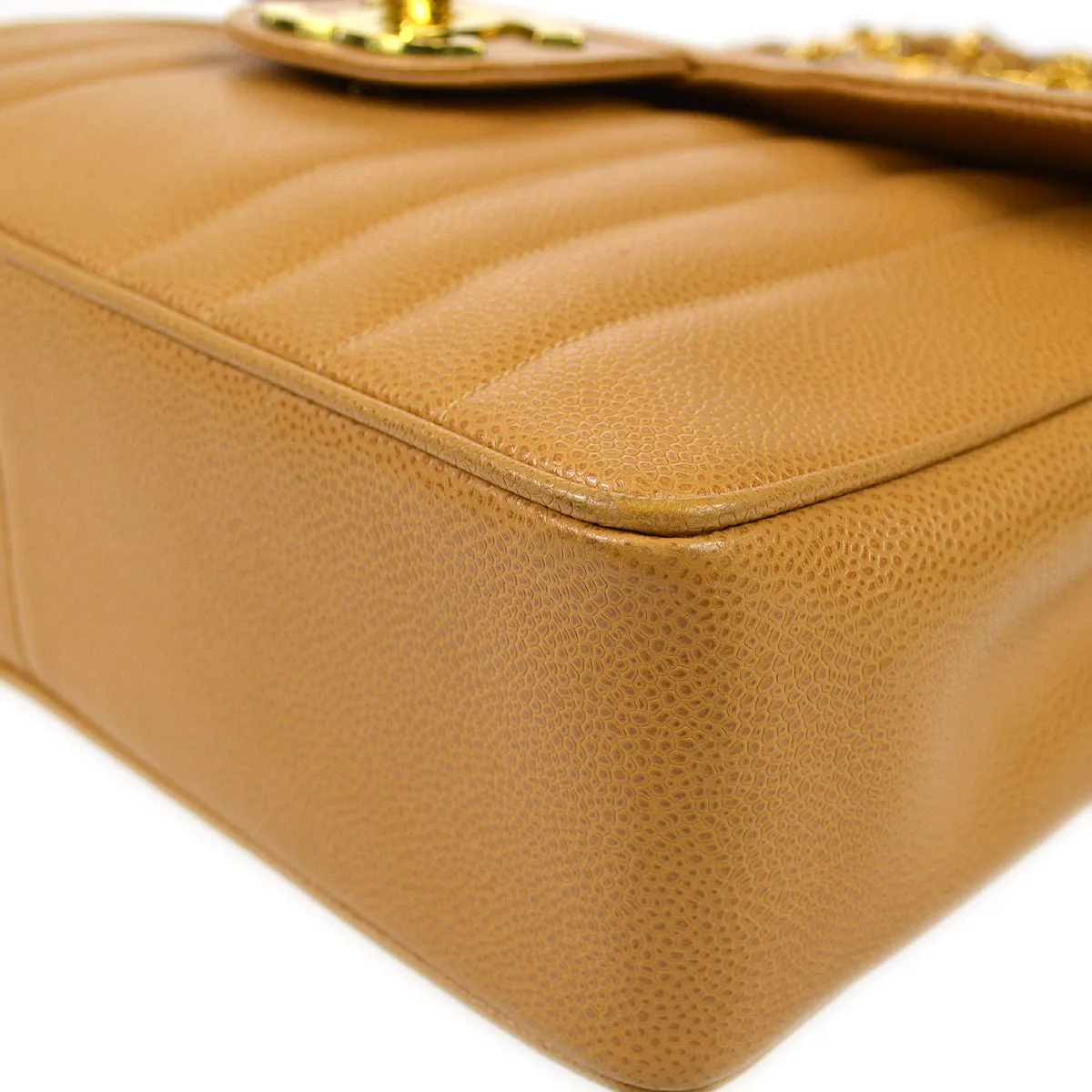 CHANEL 1991-1994 Big CC Vertical Stitch Classic Flap Jumbo Beige Caviar 87063