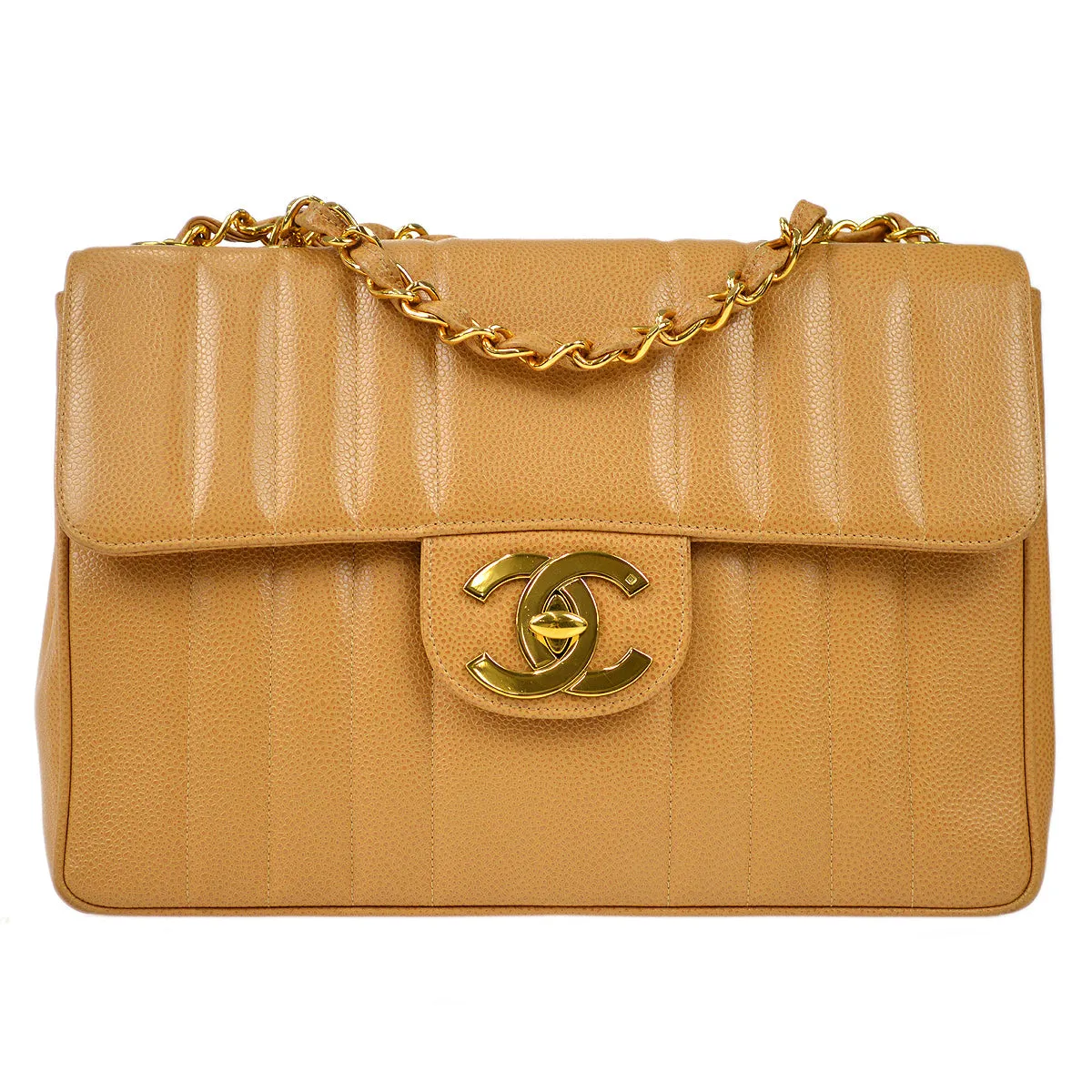 CHANEL 1991-1994 Big CC Vertical Stitch Classic Flap Jumbo Beige Caviar 87063