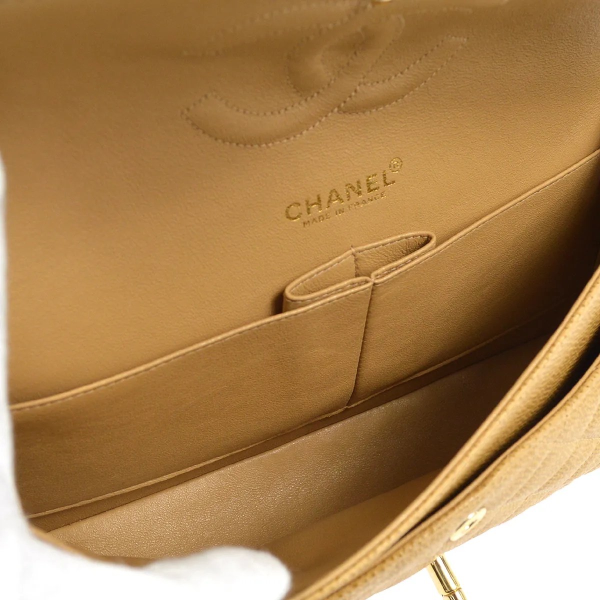 Chanel Classic Double Flap Medium Shoulder Bag Beige Caviar 18728