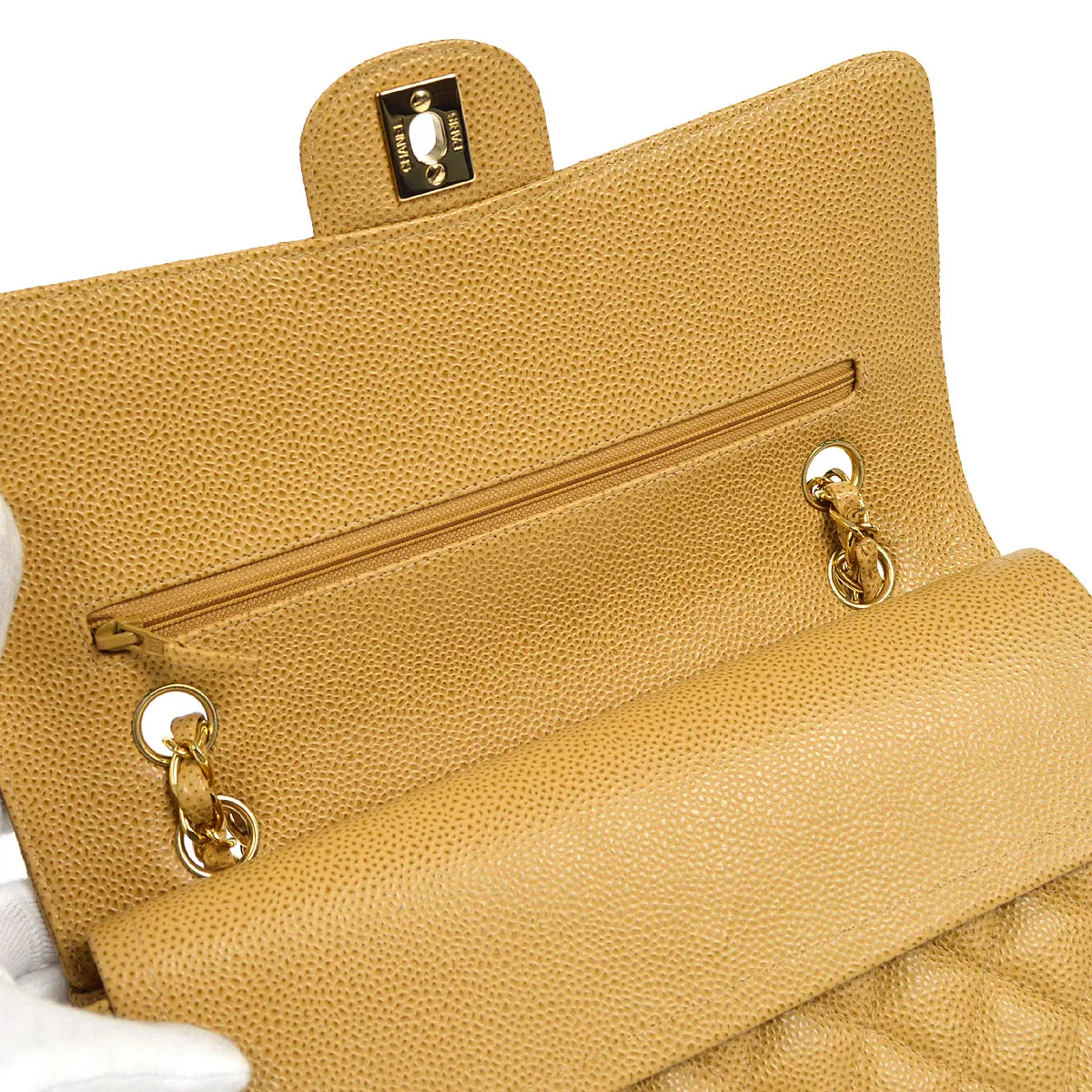 Chanel Classic Double Flap Medium Shoulder Bag Beige Caviar 18728