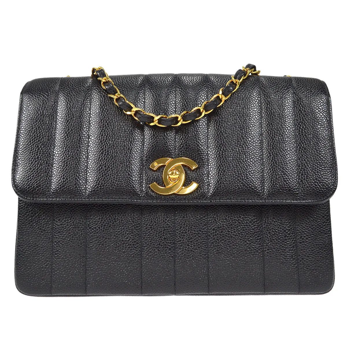 Chanel Classic Flap Mademoiselle Double Chain Shoulder Bag Black Caviar 48745