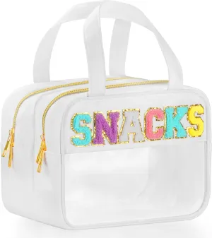 Chenille Letter Travel Makeup Bag, Preppy Patch Nylon Clear Cosmetic Tote with Handle and Zipper, Waterproof Large Snack & Stuff Bag Toiletry Storage Pouch for Women Girls (White-Snacks) Chenille Letter Travel Makeup Bag, Preppy Patch Nylon Clear Cosmetic Tote with Handle and Zipper, Waterproof Large Snack & Stuff Bag Toiletry Storage Pouch for Women Girls (White-Snacks)