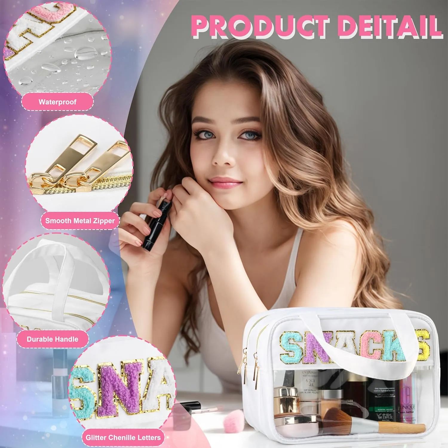 Chenille Letter Travel Makeup Bag, Preppy Patch Nylon Clear Cosmetic Tote with Handle and Zipper, Waterproof Large Snack & Stuff Bag Toiletry Storage Pouch for Women Girls (White-Snacks)