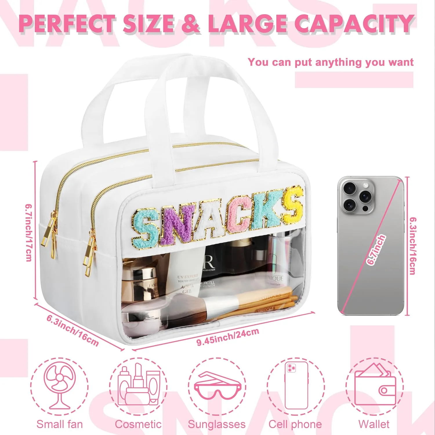 Chenille Letter Travel Makeup Bag, Preppy Patch Nylon Clear Cosmetic Tote with Handle and Zipper, Waterproof Large Snack & Stuff Bag Toiletry Storage Pouch for Women Girls (White-Snacks)