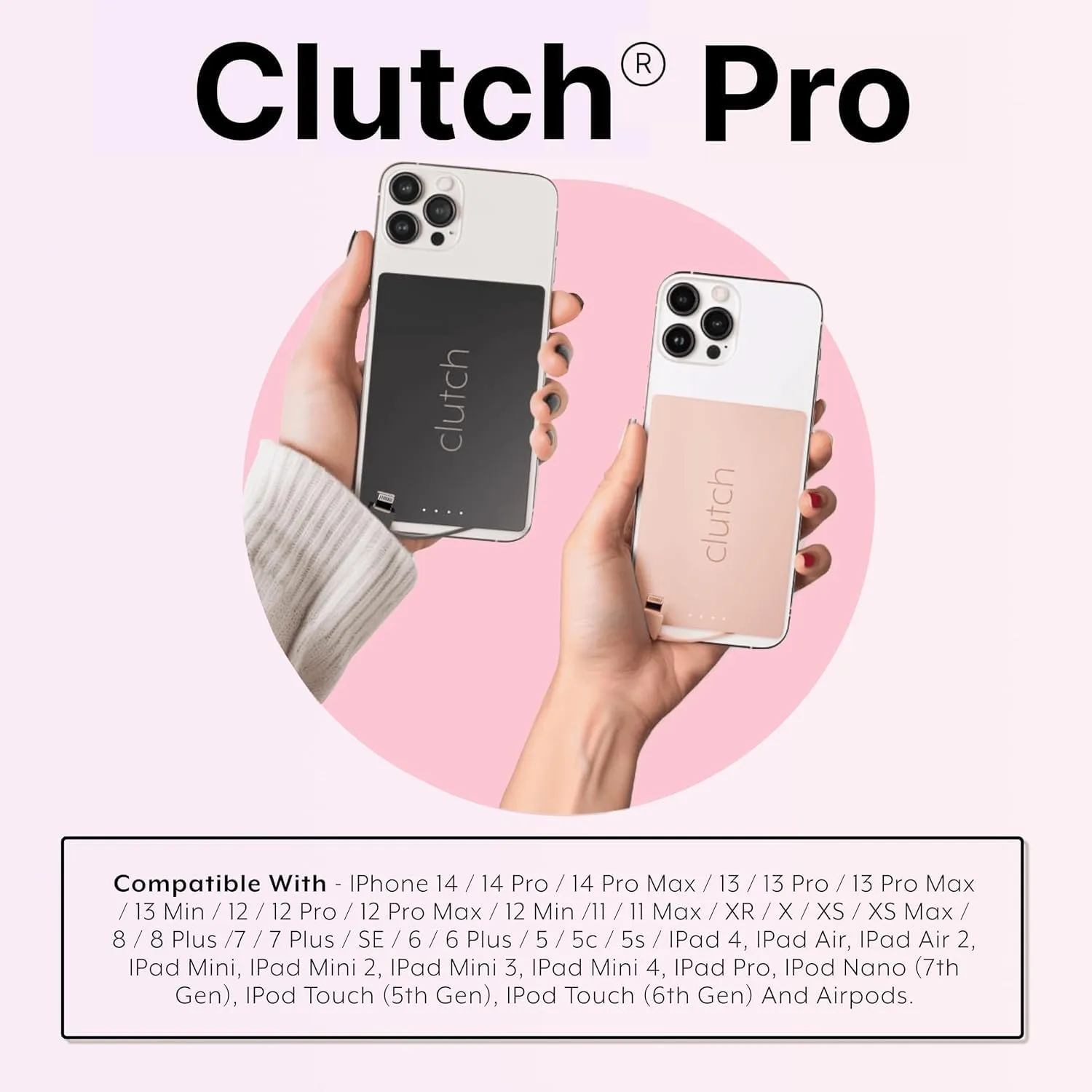 Clutch - Pro Portable Charger - Compatible with Apple Phones & Small Devices - Power Bank - Magnetic Battery Pack - TSA Approved Travel Charger - USB Rechargeable - Built-in Cable - 3.7oz - Pink