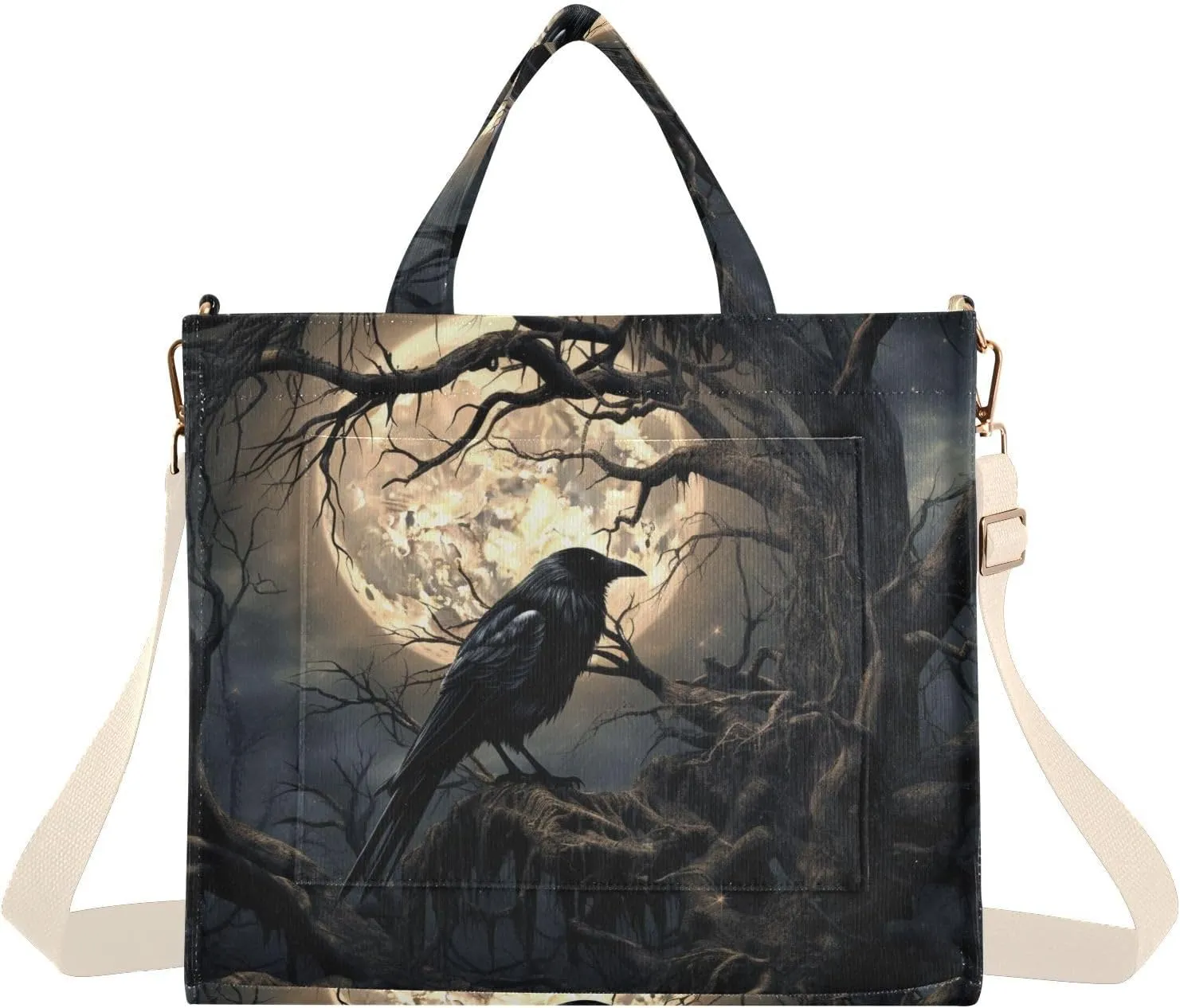 Corduroy Tote Bag for Women Gothic Raven Tree Print, Handbag Purses with Detachable Strap Size Small