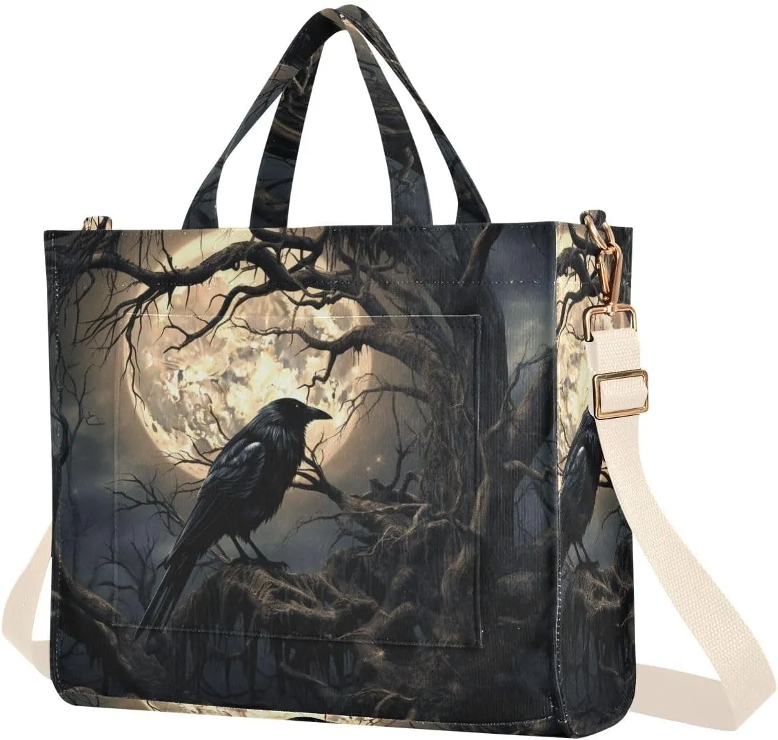 Corduroy Tote Bag for Women Gothic Raven Tree Print, Handbag Purses with Detachable Strap Size Small