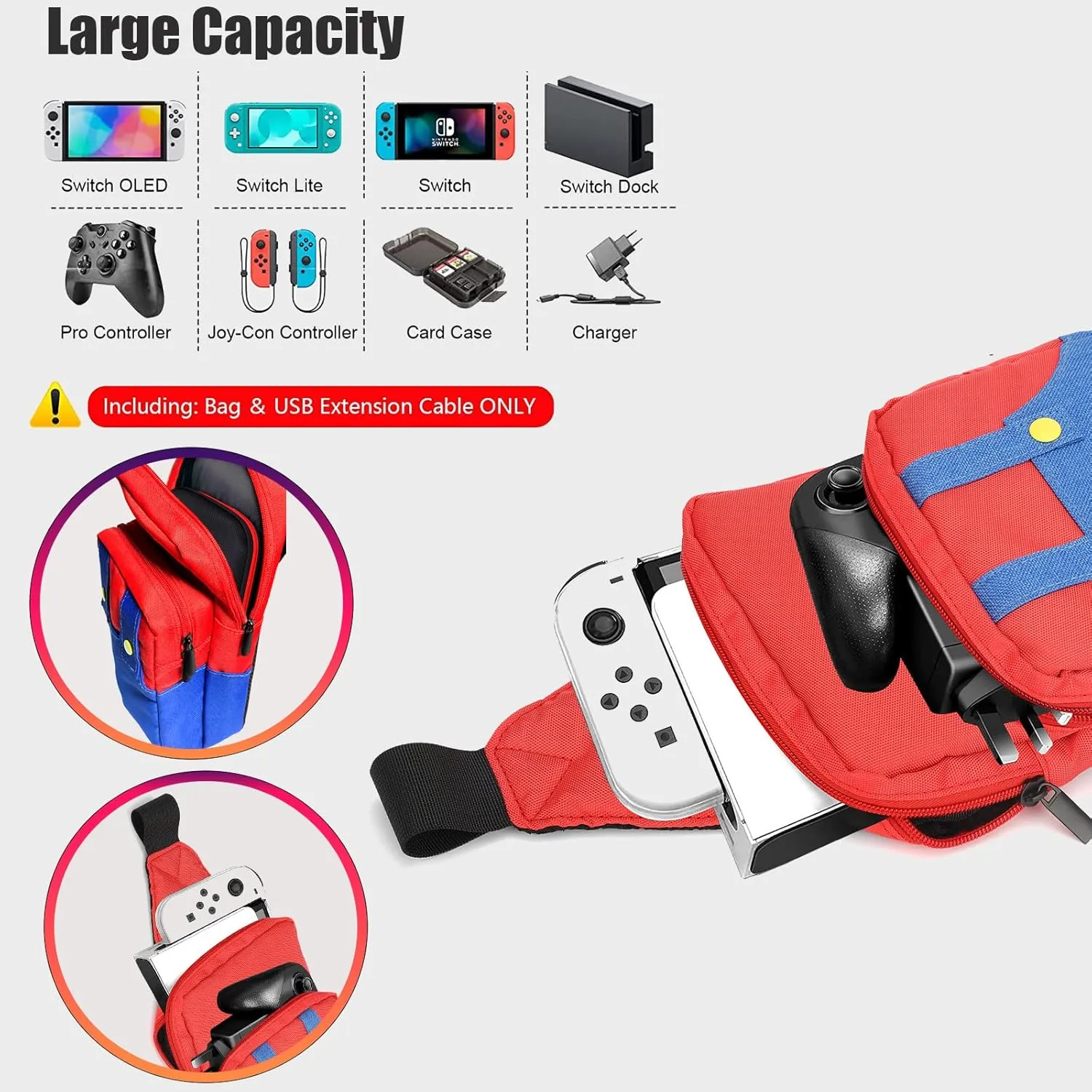 Cute Travel Bag for Nintendo Switch/2/Lite/OLED, Small Sling Portable Waterproof Backpack Carrying Crossbody Shoulder Chest Gaming Bag Case for NS SD Console Dock Joy-Cons Accessories Storage