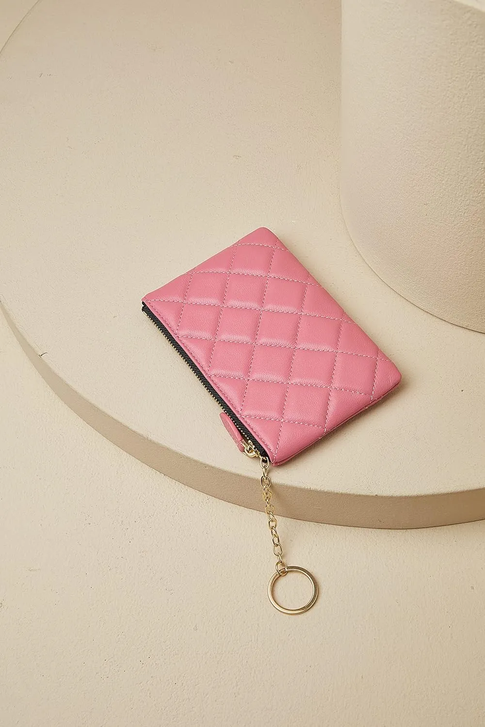 DORIS&JACKY Soft Lambskin Leather Coin Purse Small Quilted RFID Blocking Top Zipper Wallet With Key Chain