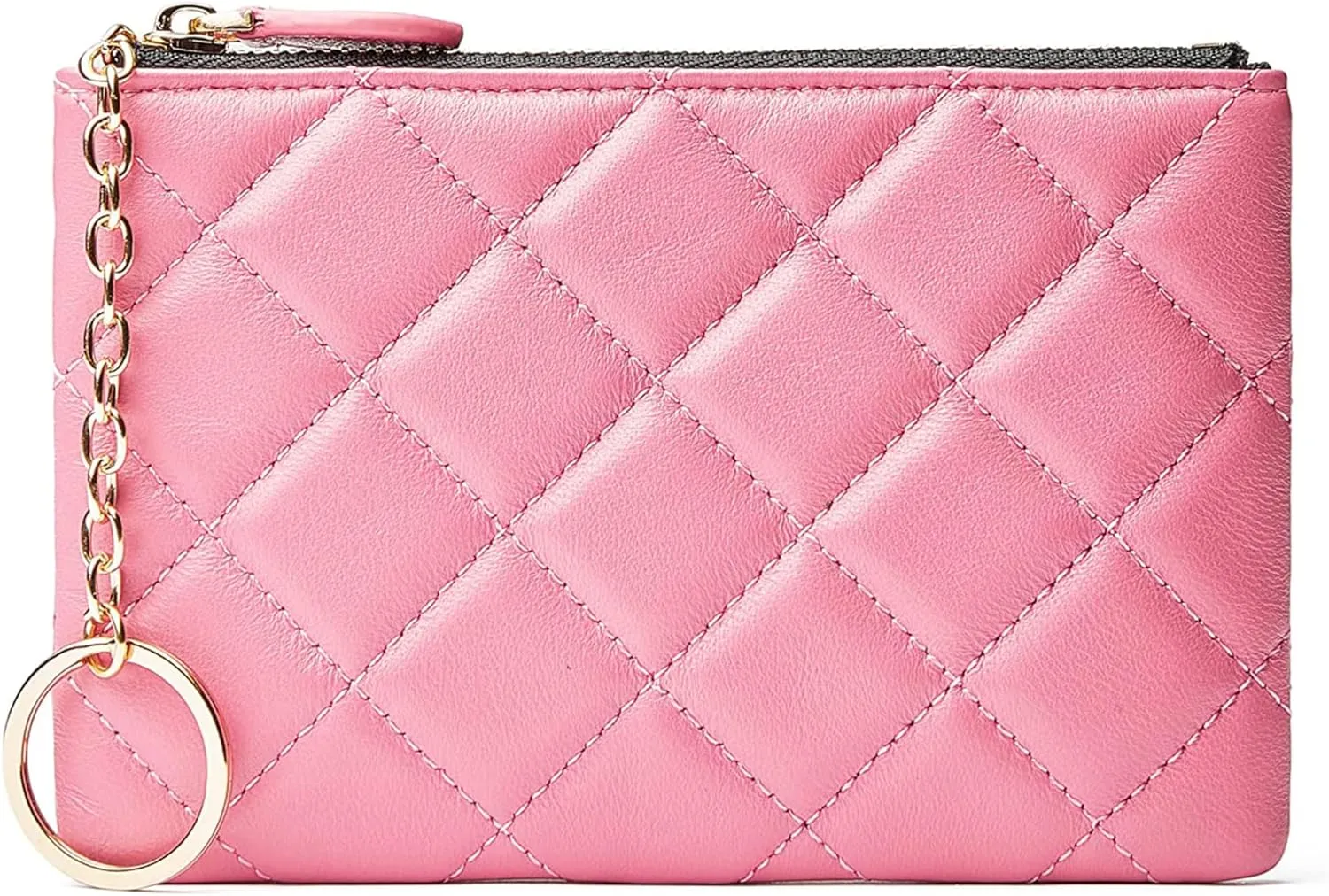 DORIS&JACKY Soft Lambskin Leather Coin Purse Small Quilted RFID Blocking Top Zipper Wallet With Key Chain