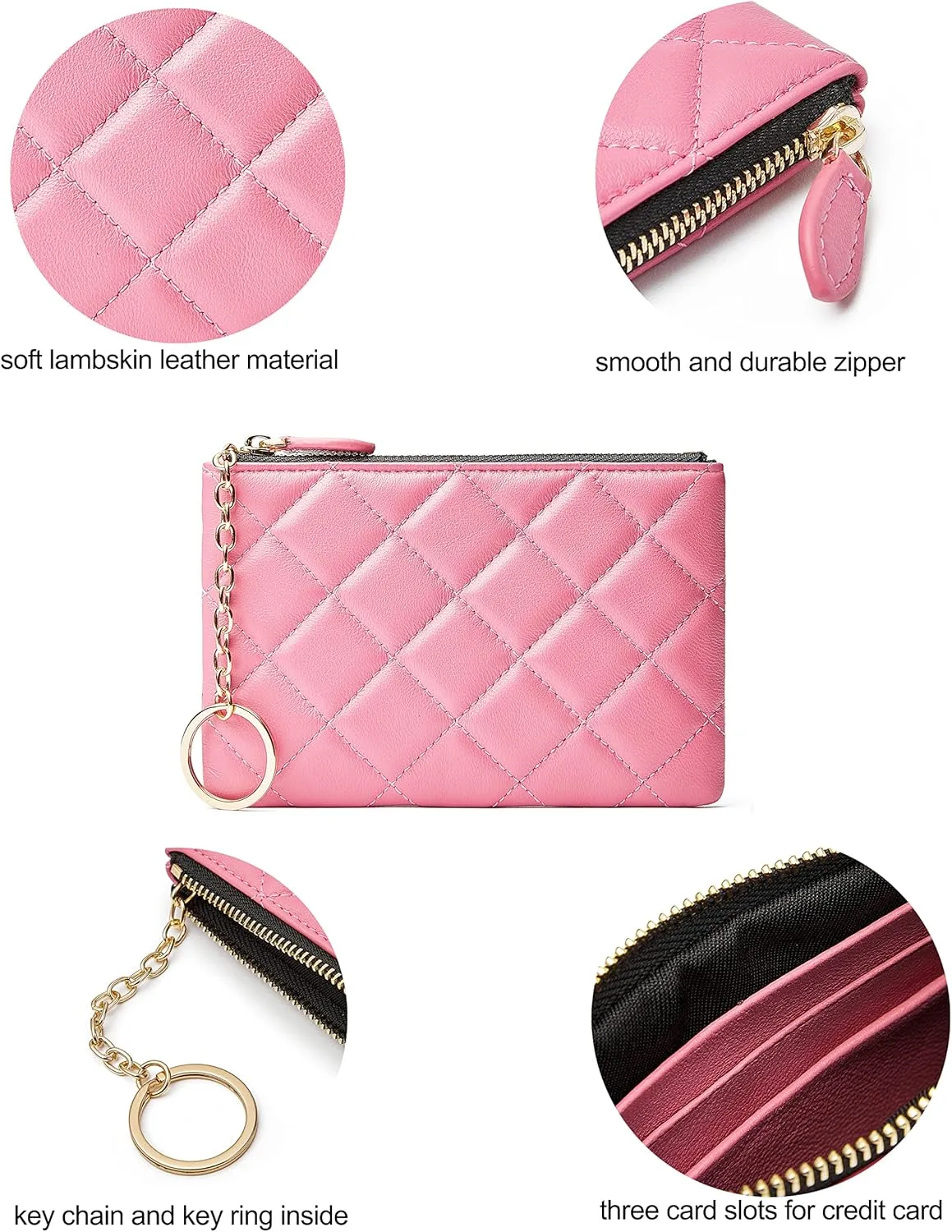 DORIS&JACKY Soft Lambskin Leather Coin Purse Small Quilted RFID Blocking Top Zipper Wallet With Key Chain