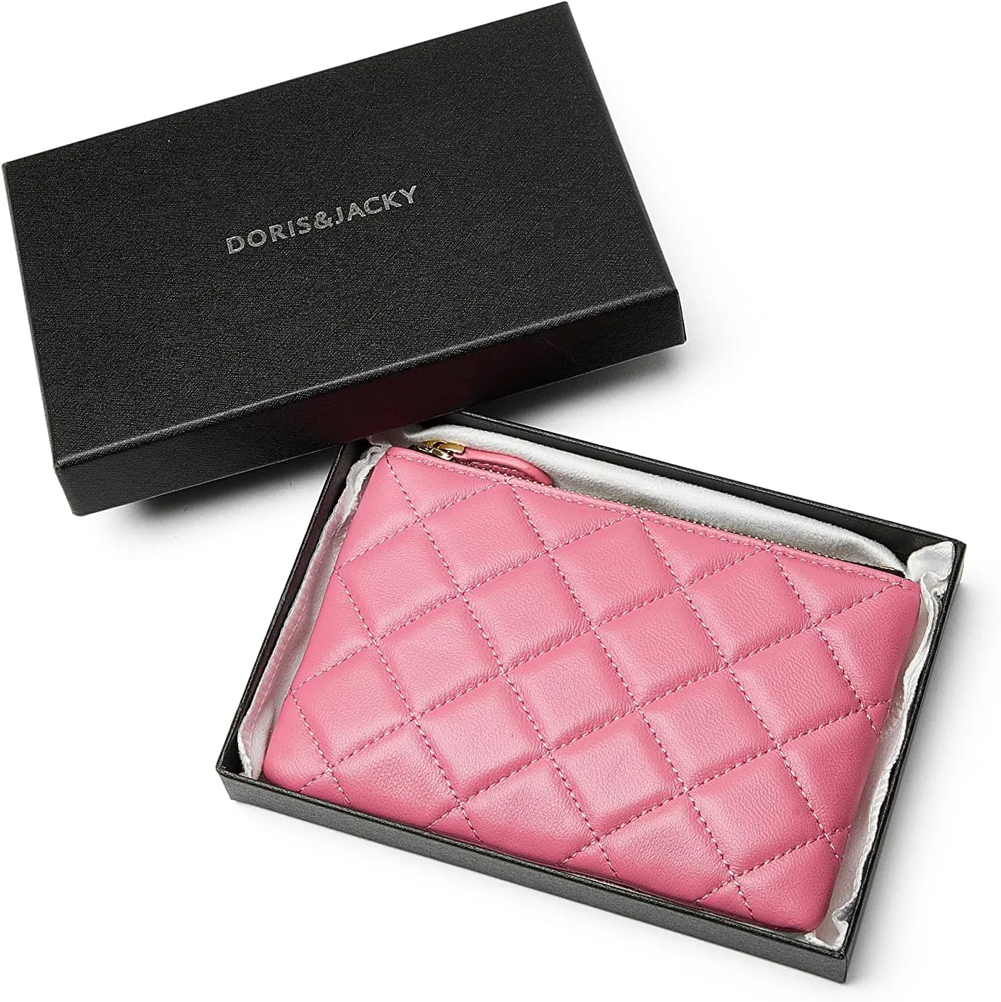 DORIS&JACKY Soft Lambskin Leather Coin Purse Small Quilted RFID Blocking Top Zipper Wallet With Key Chain