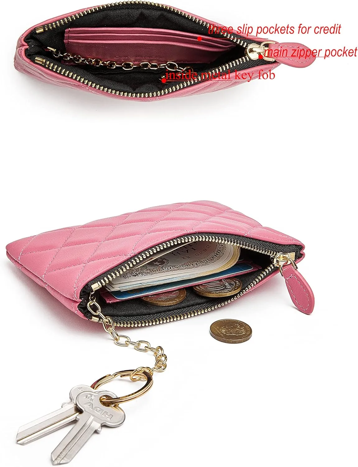 DORIS&JACKY Soft Lambskin Leather Coin Purse Small Quilted RFID Blocking Top Zipper Wallet With Key Chain