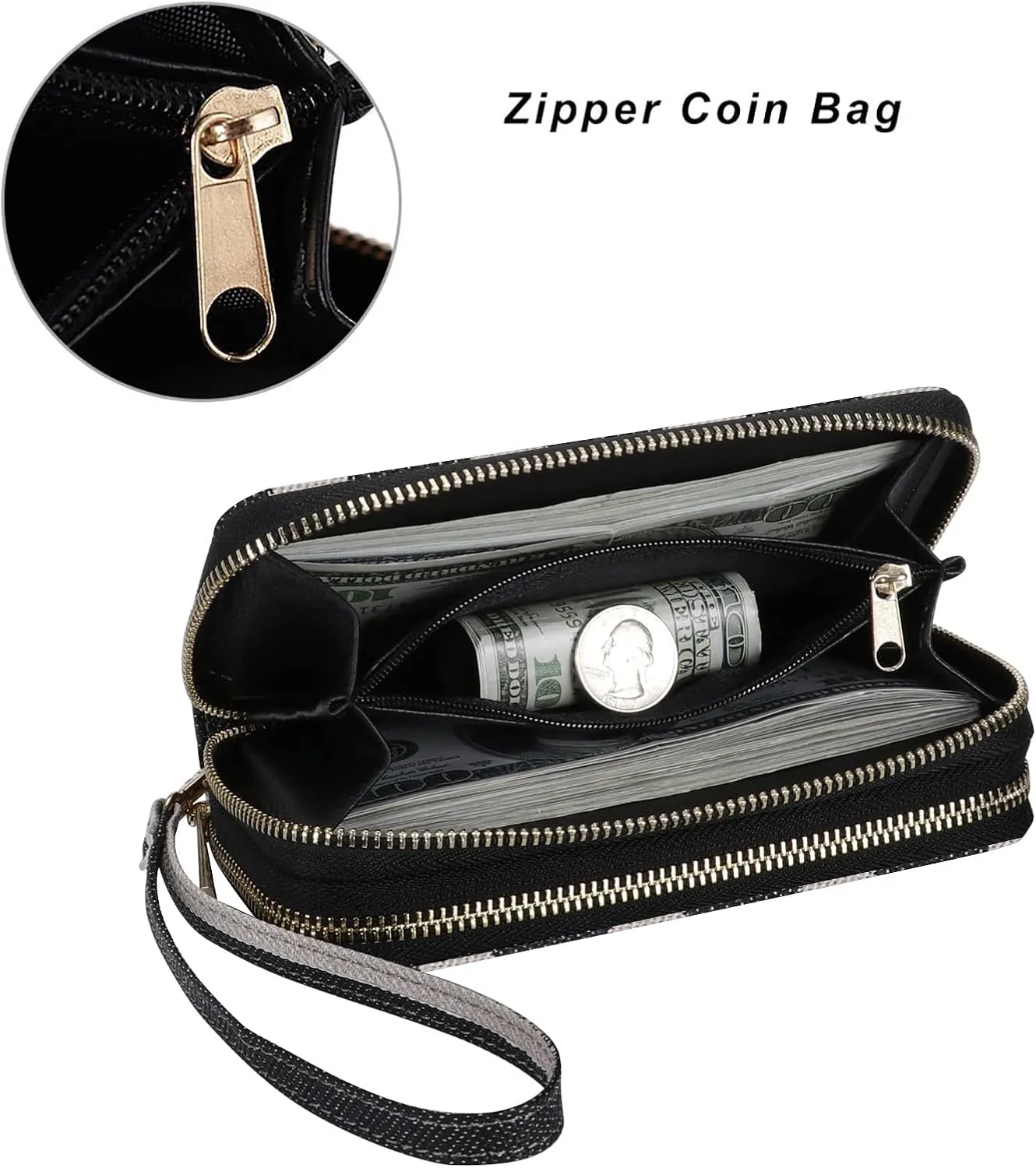 Double Zipper Wallet for Woman Clutch Purse with Cell Phone Holder for Smartphone/Card/Coin/Cash