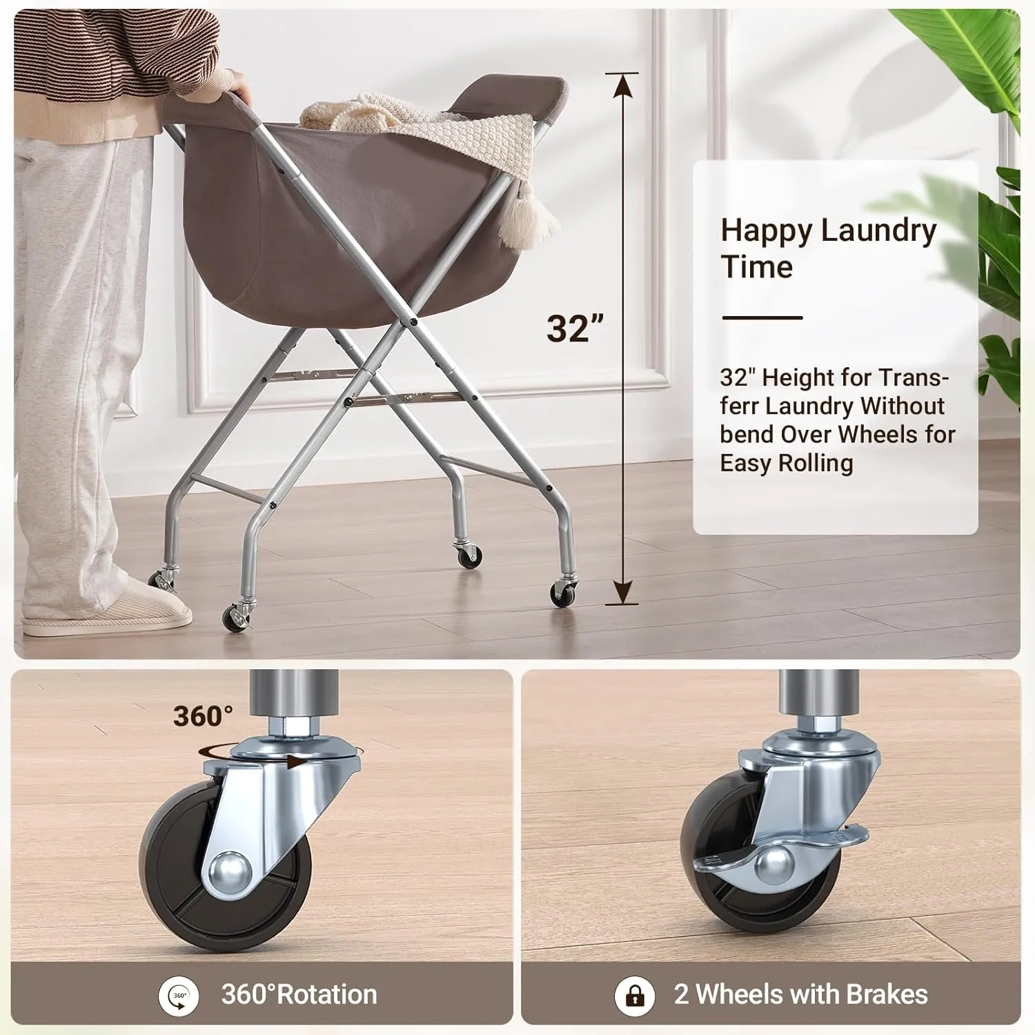 ELYKEN Laundry Cart with Wheels, 32H Easy Rolling Laundry Hamper with Removable Liner Bag, Sturdy Metal Frame Clothes Basket with 4 Casters and 2 Brakes