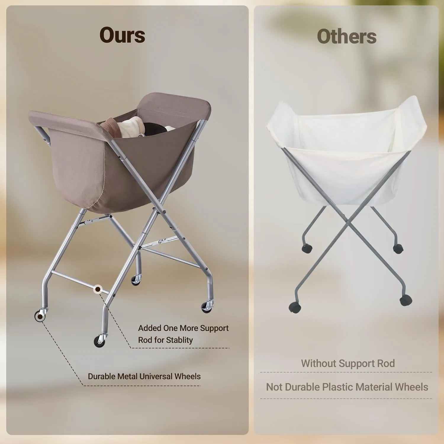 ELYKEN Laundry Cart with Wheels, 32H Easy Rolling Laundry Hamper with Removable Liner Bag, Sturdy Metal Frame Clothes Basket with 4 Casters and 2 Brakes