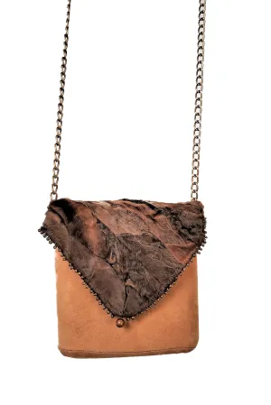 Exclusive beige handmade suede box-bag with fur and a long handle