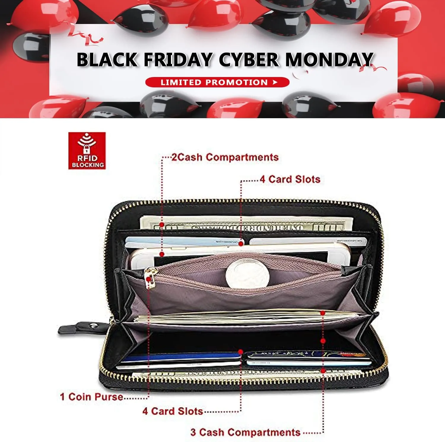 FT FUNTOR Wristlet Wallets for Women, Ladies PU Vegan Leather Clutch Wallet Zip around Phone Purse Card Holder Organizer