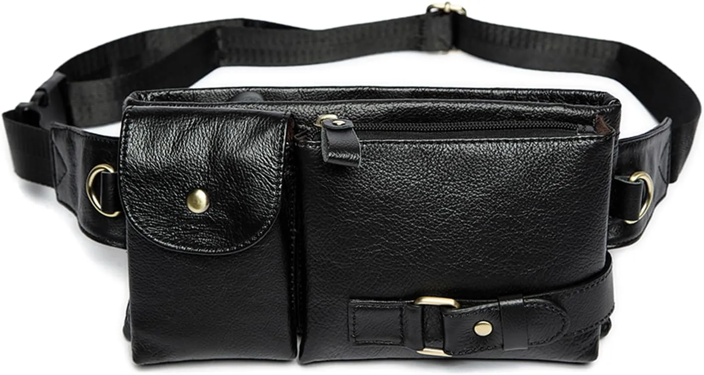 Genuine Leather Black Fanny Pack Travel Slim Cross Body Belt Bag, Unisex for Women and Men