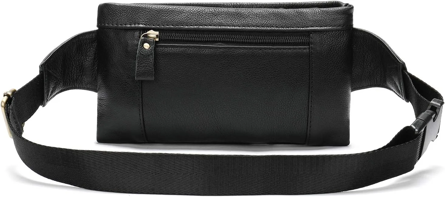Genuine Leather Black Fanny Pack Travel Slim Cross Body Belt Bag, Unisex for Women and Men