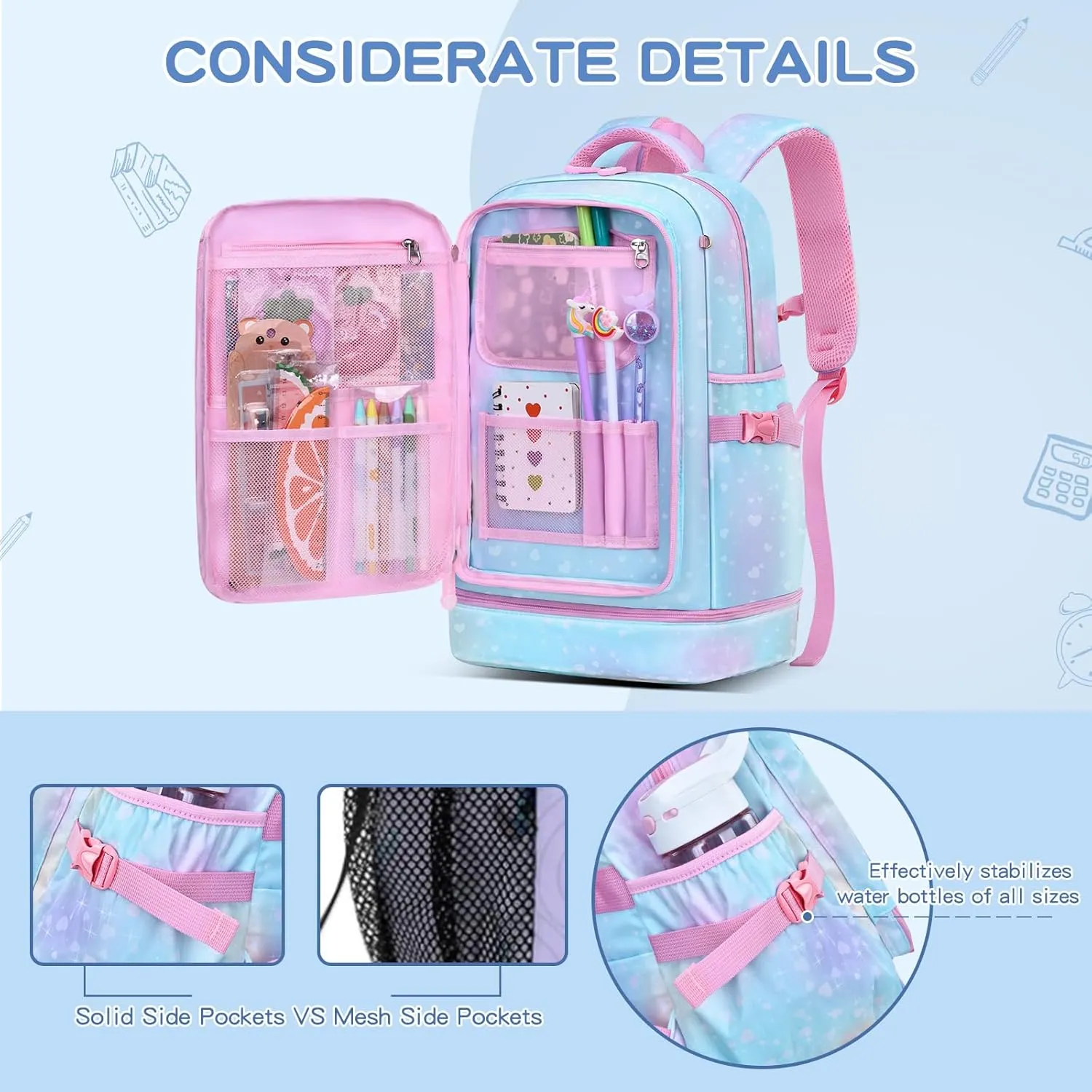 Girls 2-in-1 Backpack & Insulated Lunch Bag- 16in Lightweight, Water-Resistant, Large Capacity with Compartments for School Kids, Elementary Preschool Bookbag, Galaxy Blue