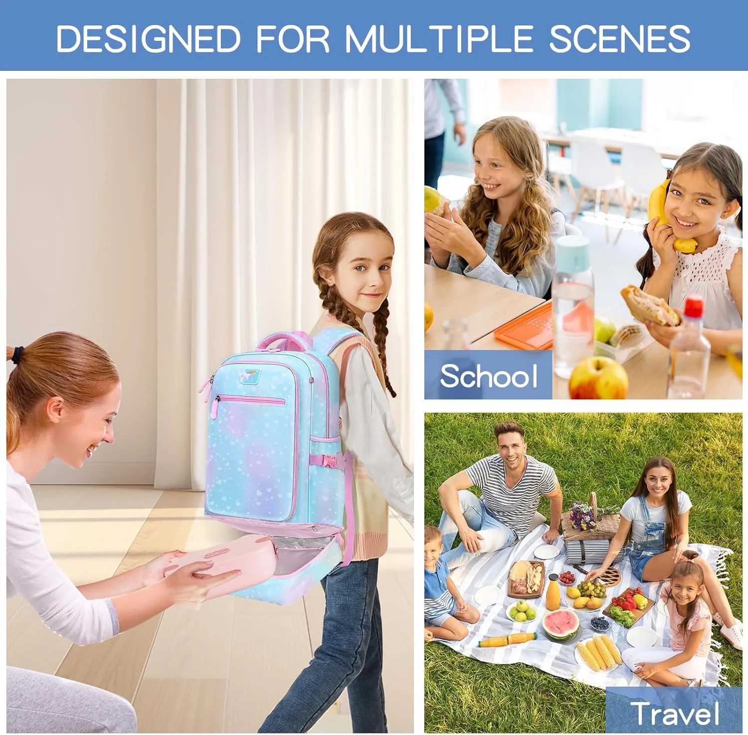 Girls 2-in-1 Backpack & Insulated Lunch Bag- 16in Lightweight, Water-Resistant, Large Capacity with Compartments for School Kids, Elementary Preschool Bookbag, Galaxy Blue