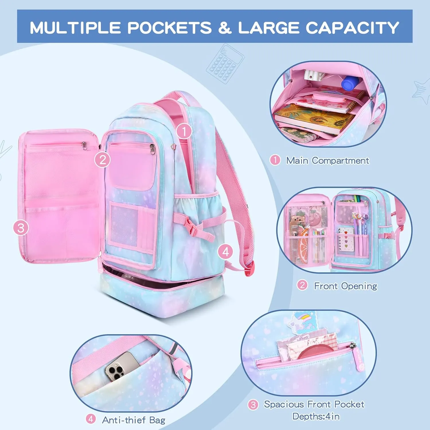 Girls 2-in-1 Backpack & Insulated Lunch Bag- 16in Lightweight, Water-Resistant, Large Capacity with Compartments for School Kids, Elementary Preschool Bookbag, Galaxy Blue