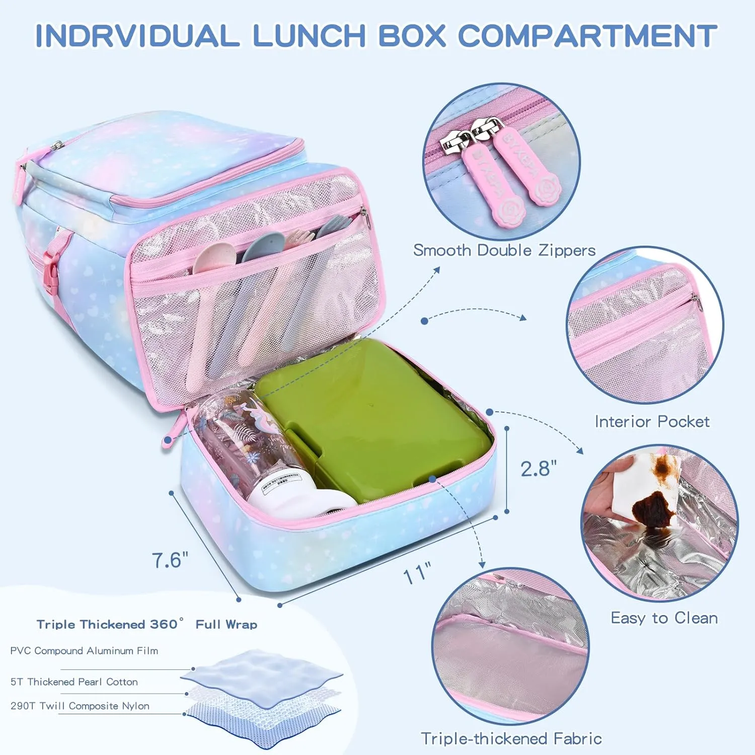 Girls 2-in-1 Backpack & Insulated Lunch Bag- 16in Lightweight, Water-Resistant, Large Capacity with Compartments for School Kids, Elementary Preschool Bookbag, Galaxy Blue