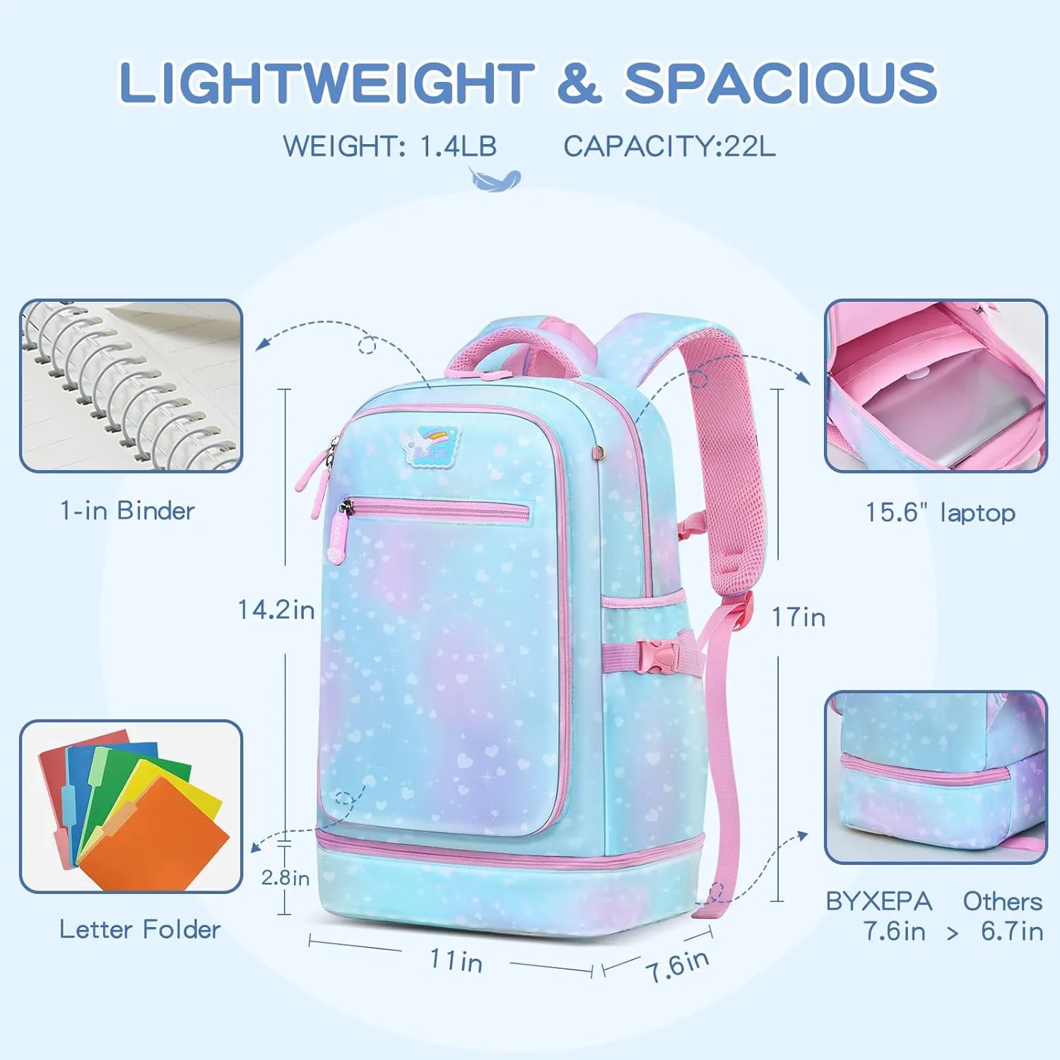 Girls 2-in-1 Backpack & Insulated Lunch Bag- 16in Lightweight, Water-Resistant, Large Capacity with Compartments for School Kids, Elementary Preschool Bookbag, Galaxy Blue