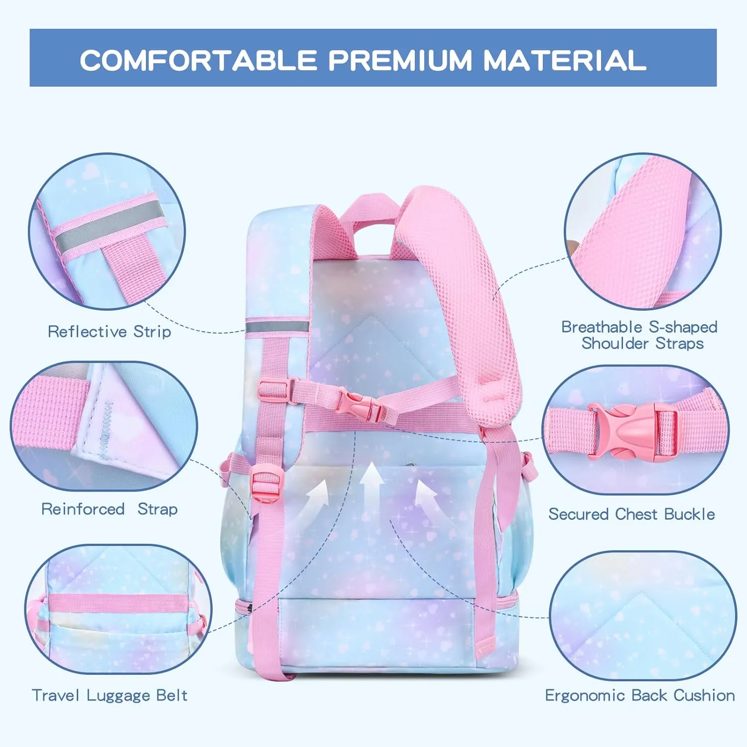 Girls 2-in-1 Backpack & Insulated Lunch Bag- 16in Lightweight, Water-Resistant, Large Capacity with Compartments for School Kids, Elementary Preschool Bookbag, Galaxy Blue