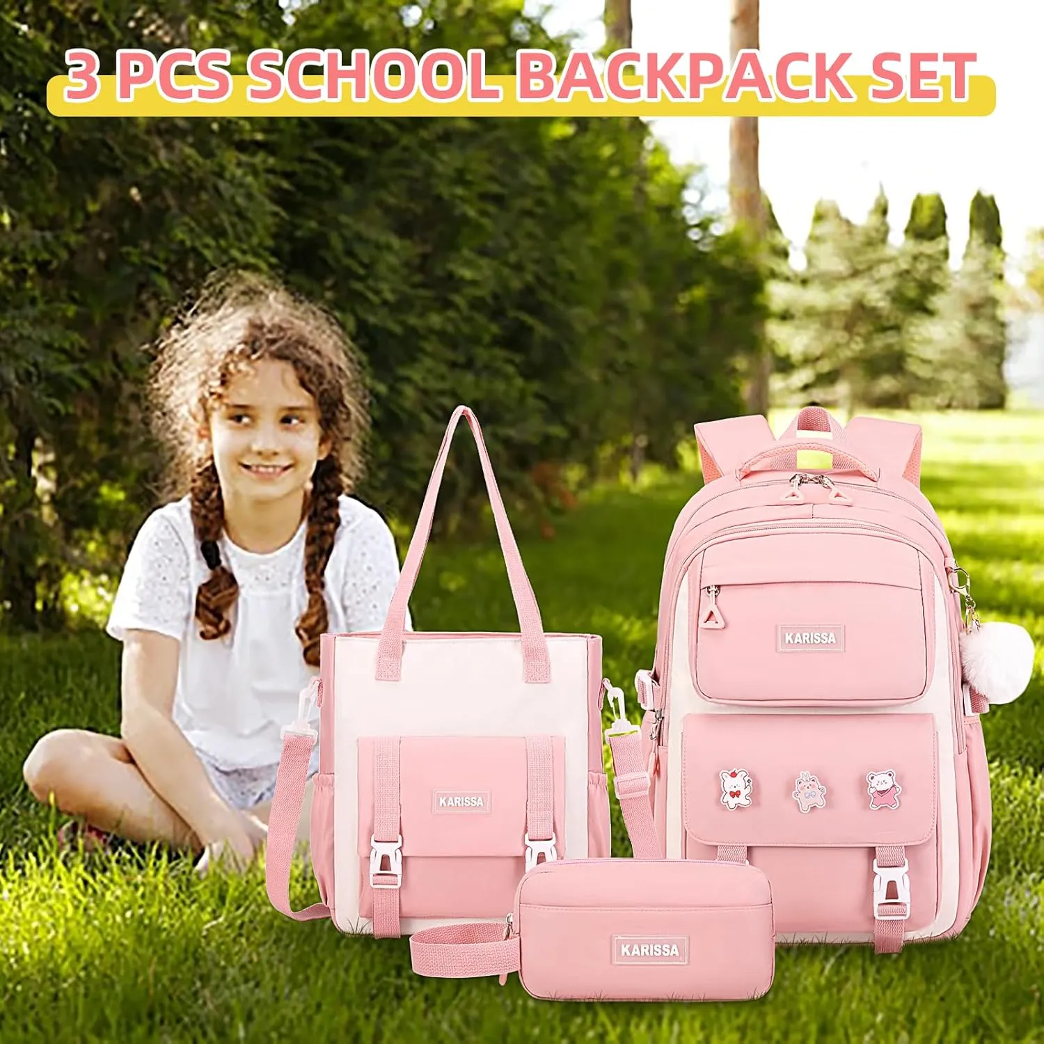 Girls Backpack, 3pcs Sets Kids Backpack for Girls with Anti-theft Back Pocket, Lightweight School Bookbag Water Resistant Tote Bag with Pencil case for Elementary Primary School, Pink