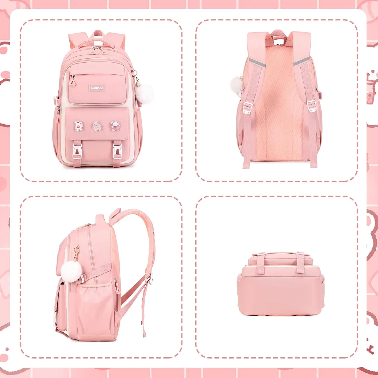 Girls Backpack, 3pcs Sets Kids Backpack for Girls with Anti-theft Back Pocket, Lightweight School Bookbag Water Resistant Tote Bag with Pencil case for Elementary Primary School, Pink